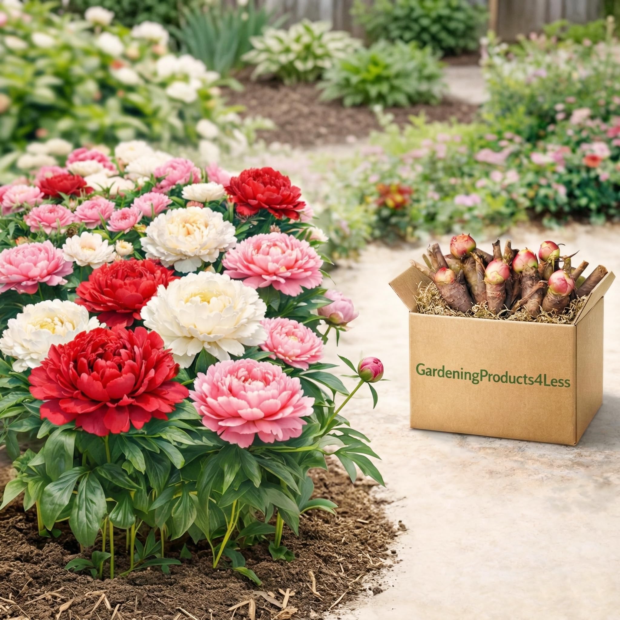 Jumbo 4 Pack Colorful Red, White & Pink Peonies Flower Bulbs Collection - Attracts Butterflies, Bees & Hummingbirds - These Double Blooms Measure Over 7 inches in Diameter - Great Gift!