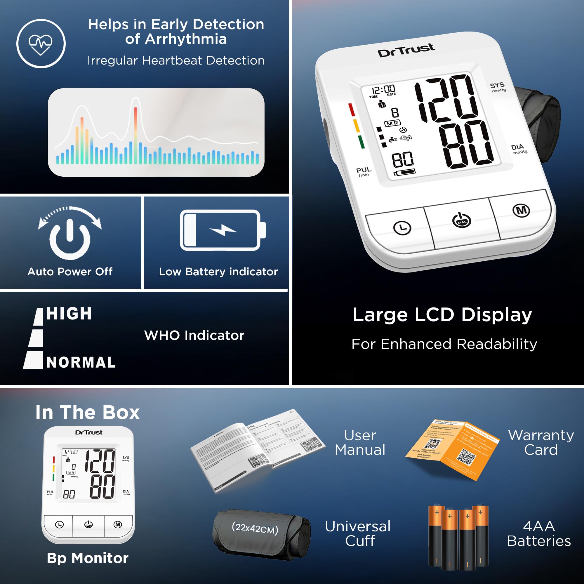 Dr Trust (USA) ICheck Fully Automatic Digital Blood Pressure Monitor Machine with MDI Technology, Large Display Cuff,Accurate BP Monitor for Home Use (White) β Model 116 3