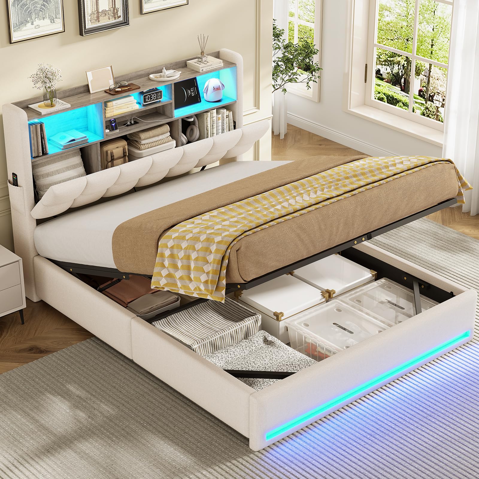 AOGLLATI Ottoman Double Bed Frame,4ft6 Upholstered Storage Bed with Hydraulic Storage and Charging Station Upholstered Platform Bed frame with Storage Headboard & Led Lights (Beige, Double-135x190cm)