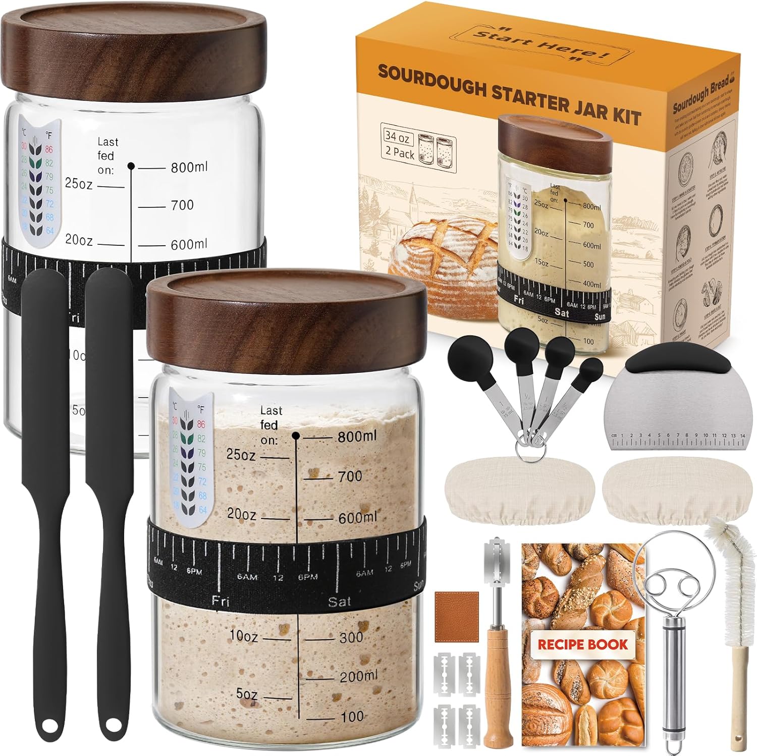 Sourdough Starter Jar Kit, 34 Oz Glass Sour Dough Jars Wide Mouth for Beginners, 10 Pcs Bread Starter Container Set with Acacia Wooden Lid, Glass Jar with Bread Baking Supplies Accessories