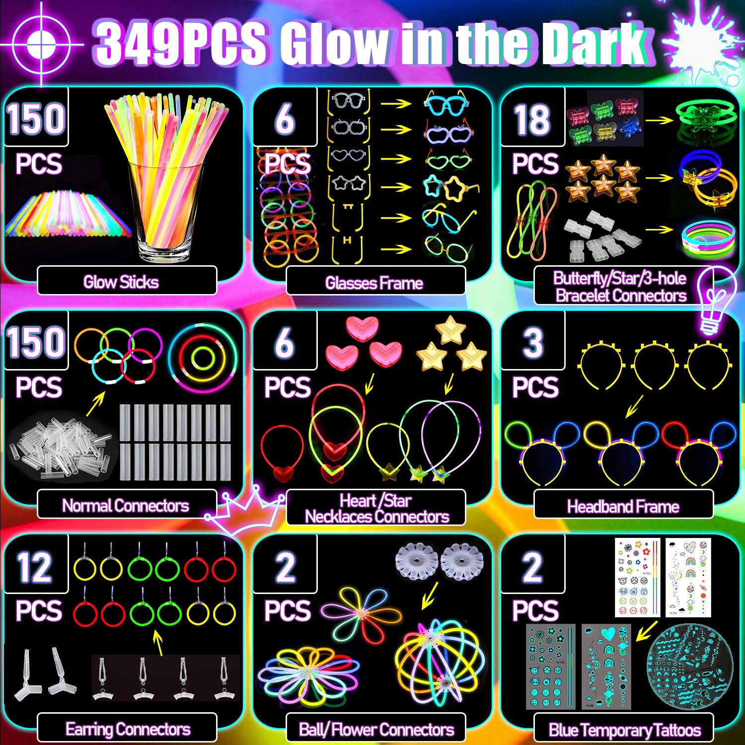 Occhiali LED 77 Pezzi LED Luminosi Fluorescenti Giocattoli Set, Braccialetti Luminosi, Luci da Dito LED, Luci per Capelli a Fibre Ottiche, Gadget Compleanno Bambini per Party, Feste e Carnevale