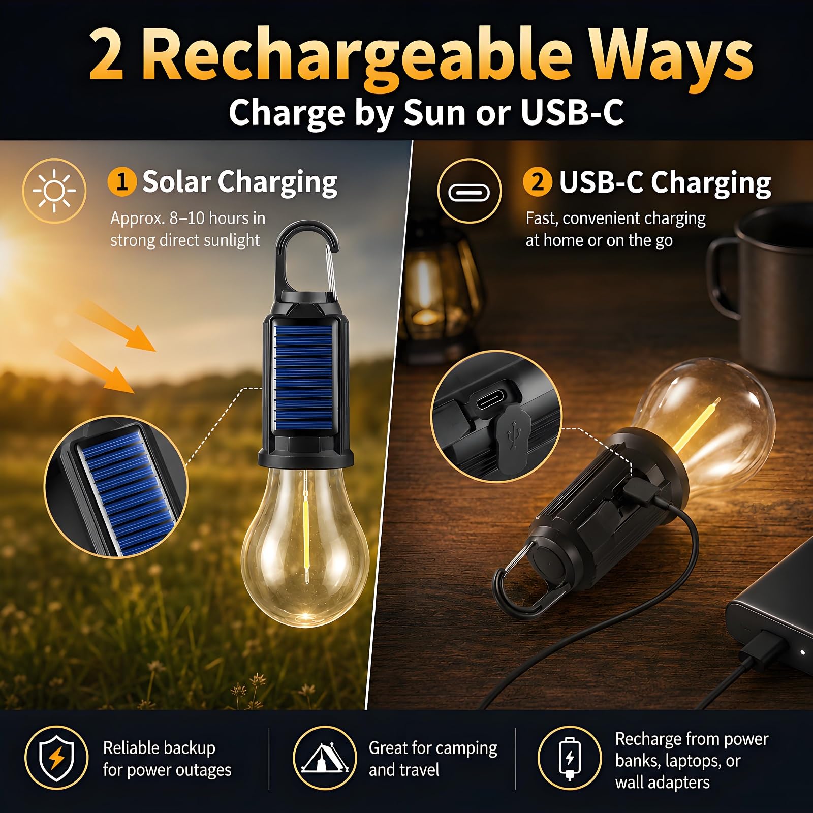 Paquete de 5 luces solares recargables para tienda de campaña, linterna LED para acampar al aire libre con gancho de clip para decoración de camping, senderismo, pesca, emergencia, linterna