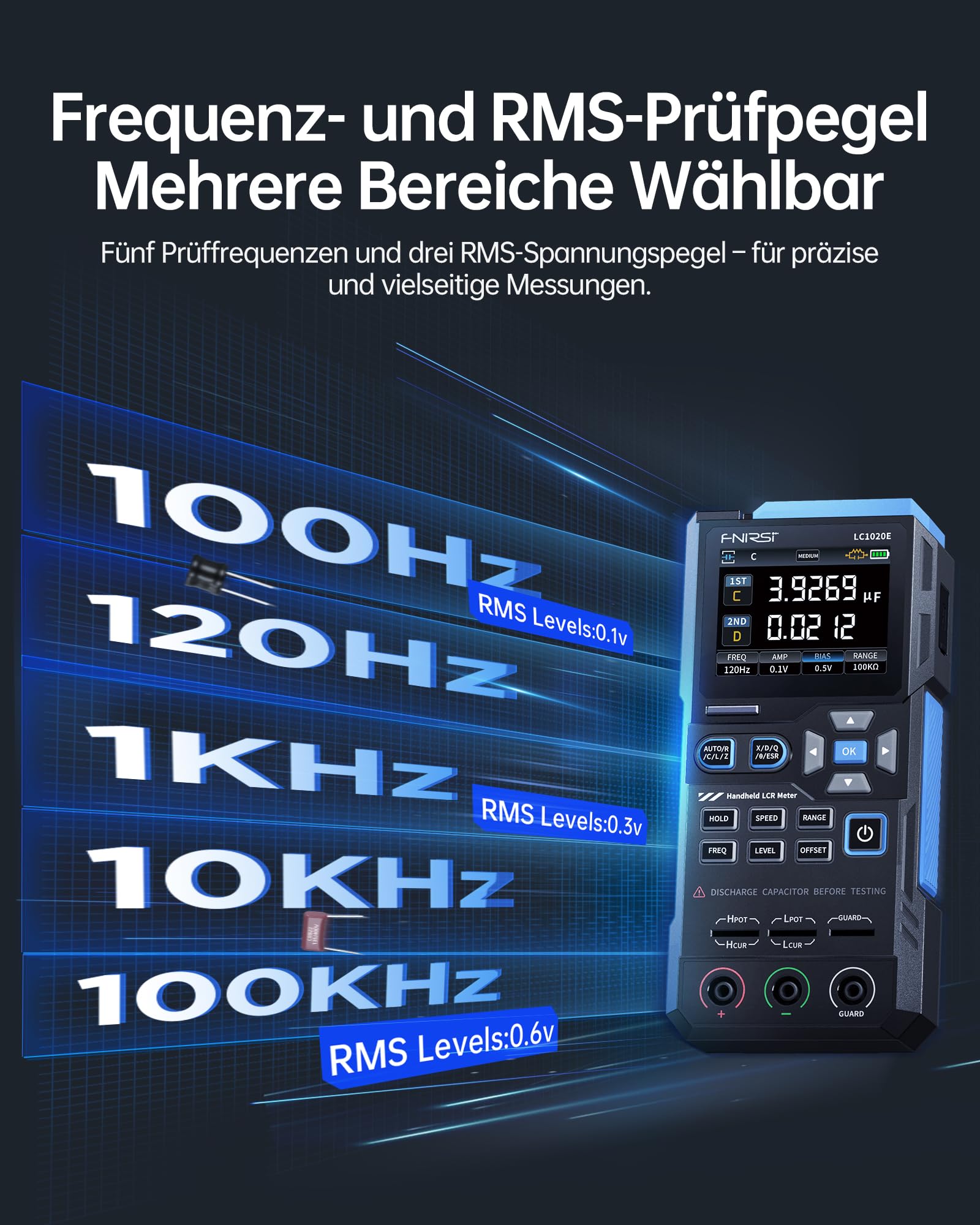 FNIRSI LC1020E 100kHz LCR-Meter, 19999 Counts Widerstands-Induktivitäts-Kondensatortester, Auto Bauteilerkennung, Misst ESR/Q/D/θ/X, Doppelparameteranzeige, Sortierung & offen/Kurzschlusskalibrierung
