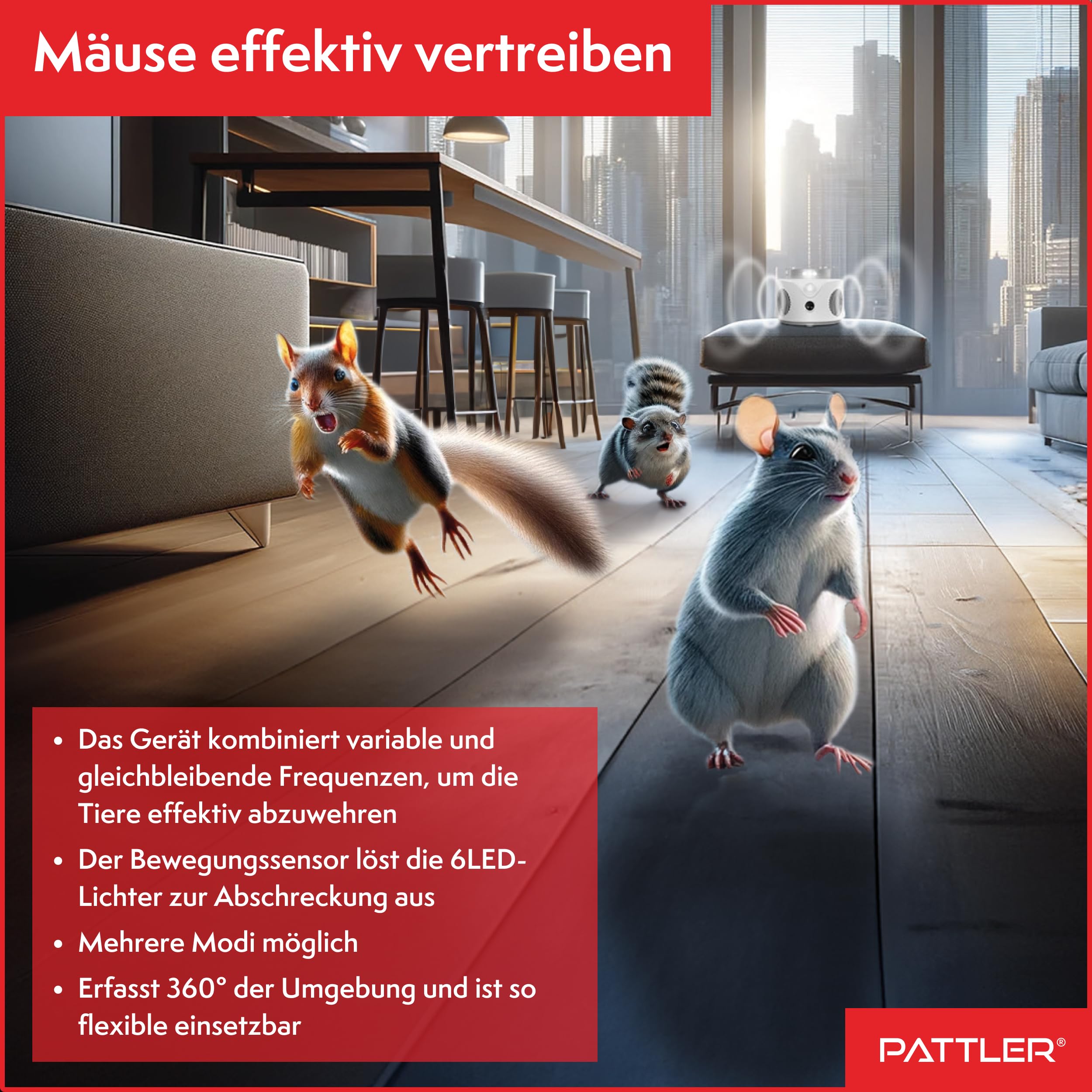 PATTLER® 360° Ultraschall Mäuseabwehr & Rattenabwehr – Mäuse vertreiben und Ratten vertreiben ohne Gift – Mäusevertreiber mit Ultraschall gegen Mäuse und Ratten für Haus, Keller, Garage