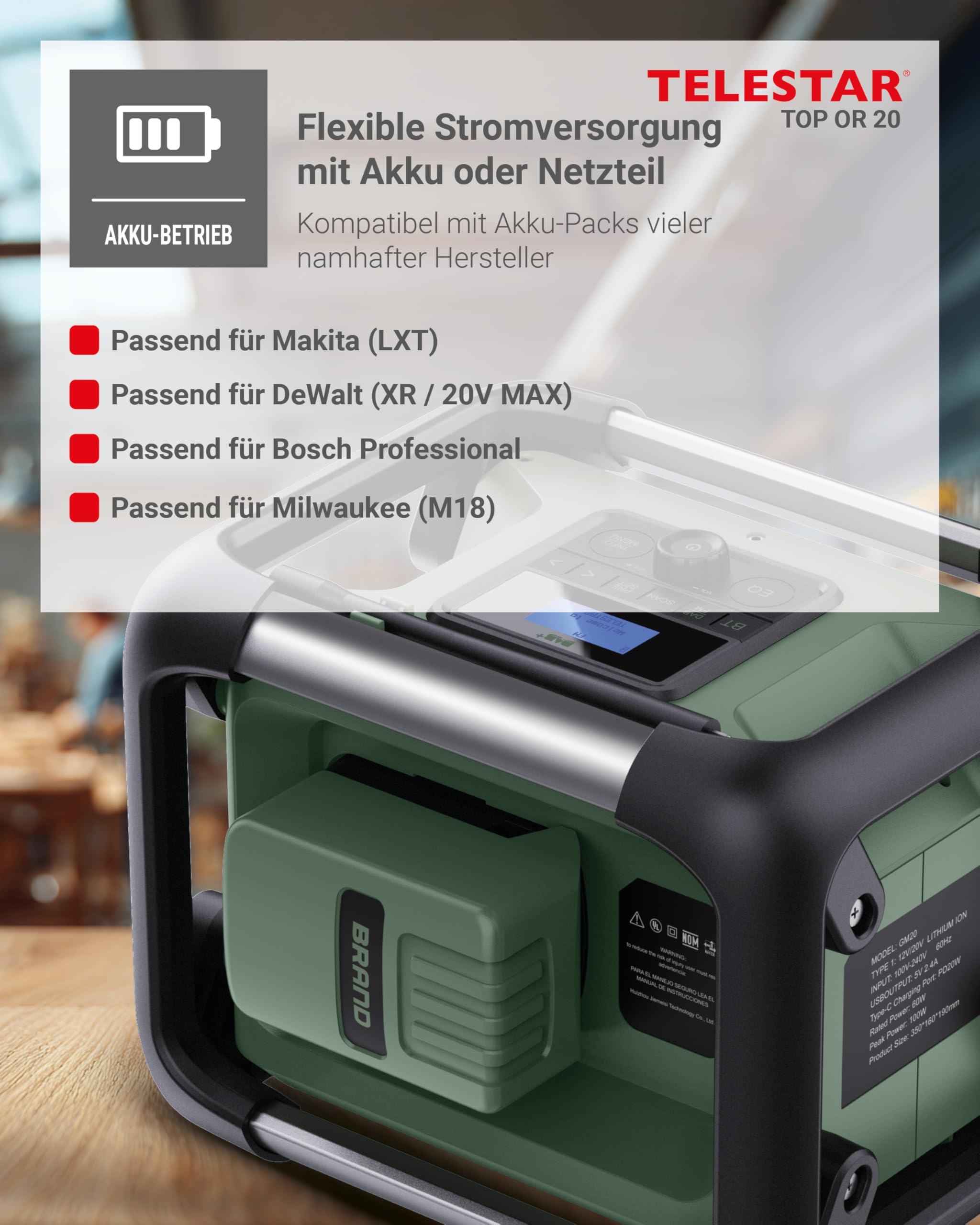 TELESTAR TOP OR 20 – Baustellenradio, läuft mit Marken-Akkus (Makita etc.) | Robust, DAB+, Bluetooth Audio-Streaming, für Akkus von Makita, DeWalt, Bosch, Milwaukee, 80 W Stereo, USB, Akku-/Netzbetrieb