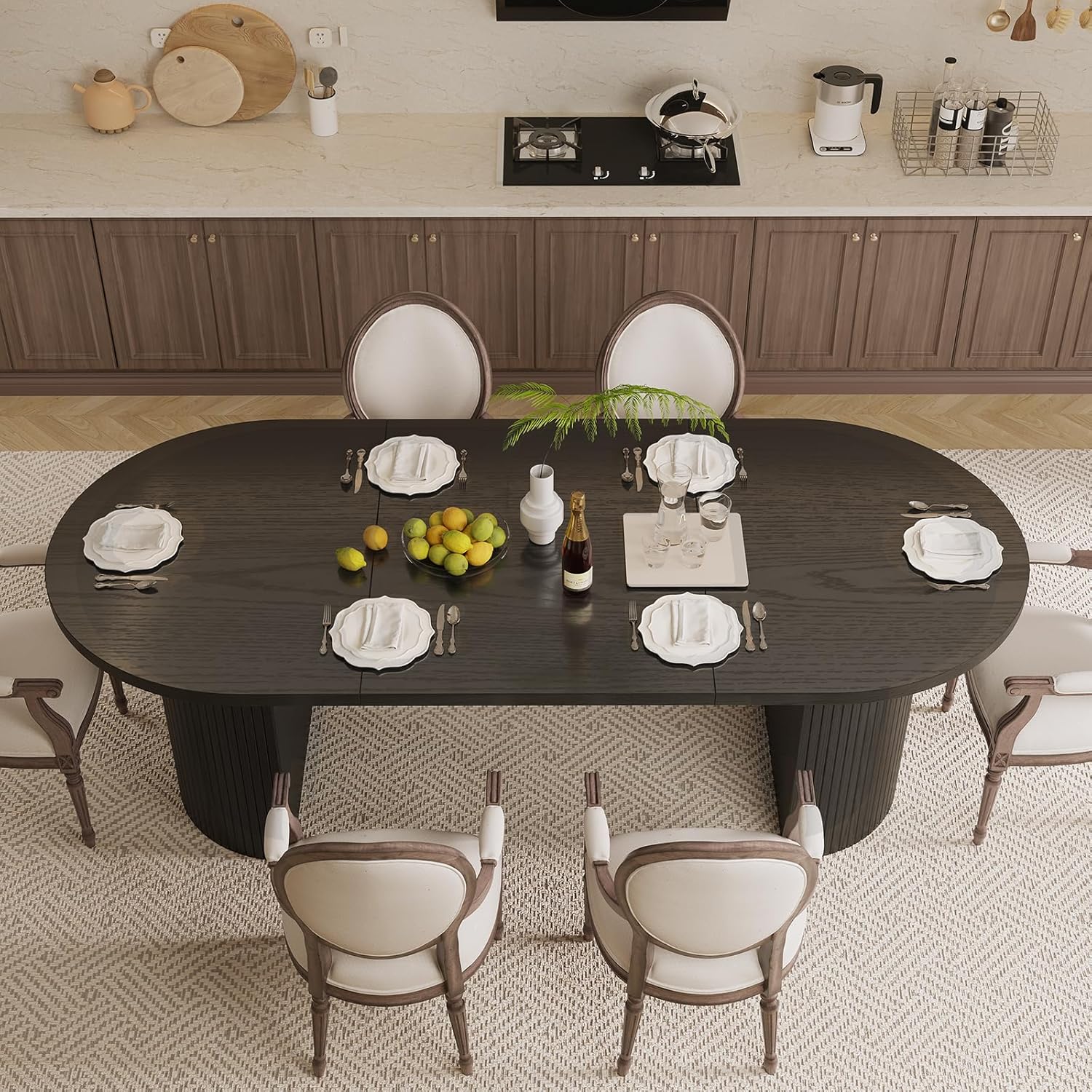 ONBRILL 70.8 Inch Dining Table for 4-6, Oval Dining Room Table with Curved Fluted Wood Strip Base, Mid-Century Modern Kitchen Tables with Footpads, Dinner Tables for Living Room, Dining Room, Black