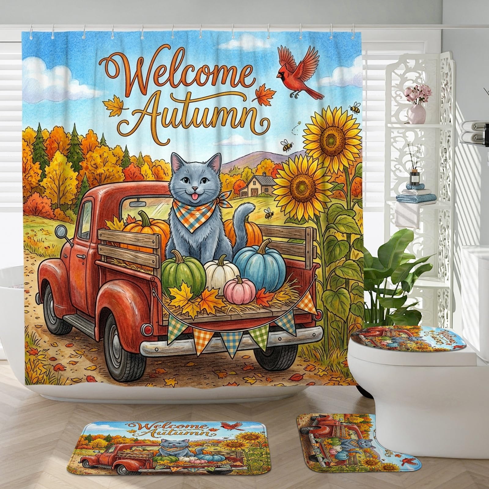 Ensemble de salle de bain rideau de douche chat bleu russe 183x183 avec tapis de bain