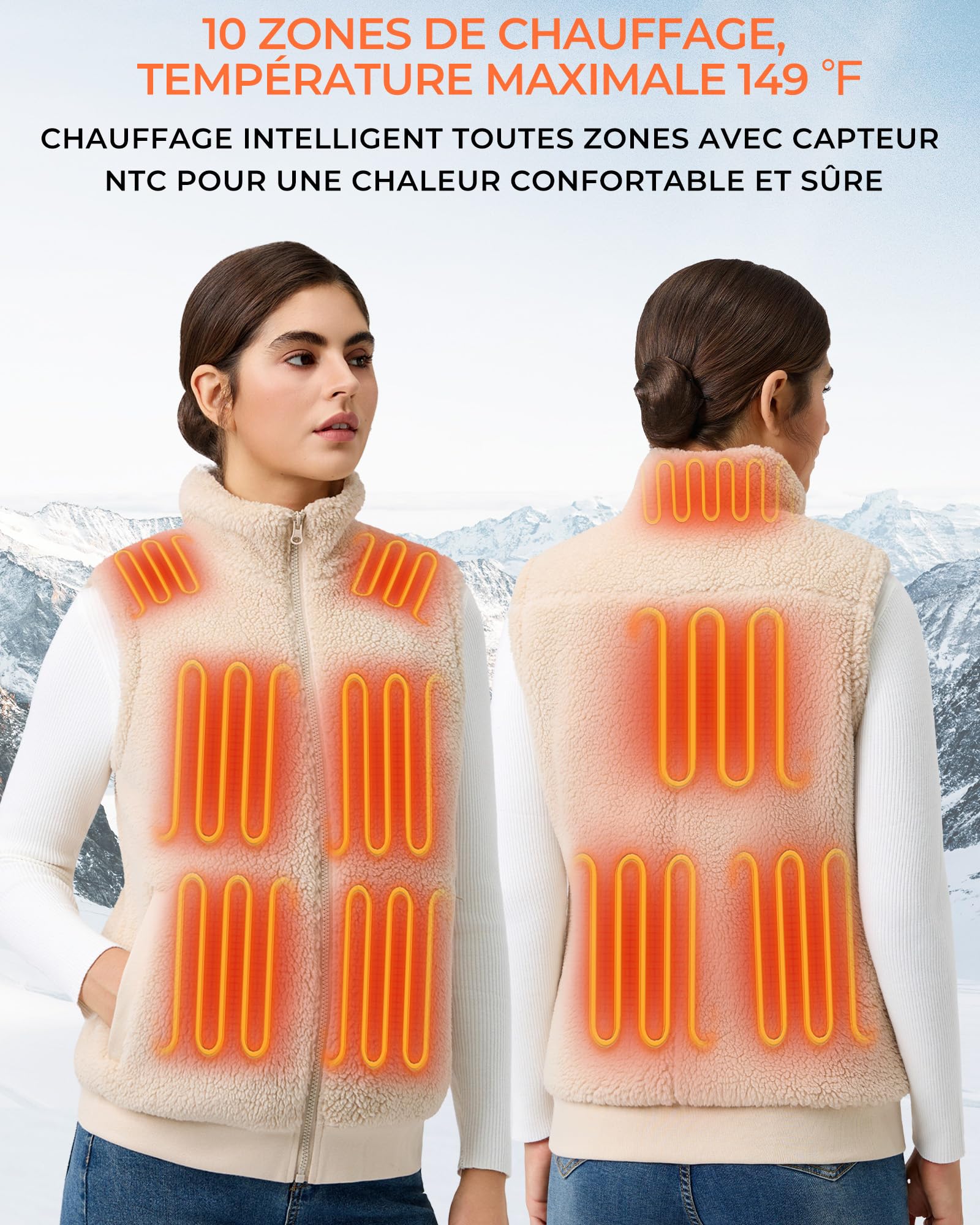 Topdot Polaire Gilet Chauffant Femme Avec Batterie 16000 mAh Incluse,10 Zones de Veste Chauffante,Gilet Chauffant Electrique Avec 3 TempéRatures RéGlables Pour Le Travail En ExtéRieur,Ski