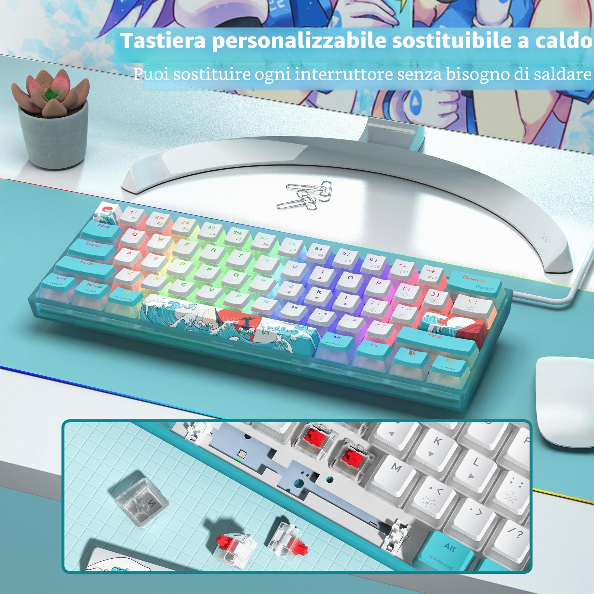 Womier Tastiera meccanica da gioco con cavo RGB WK61 V2 al 60%, tastiera sostituibile a caldo con tasti in PBT, interruttore rosso lineare per Windows/MAC (blu)