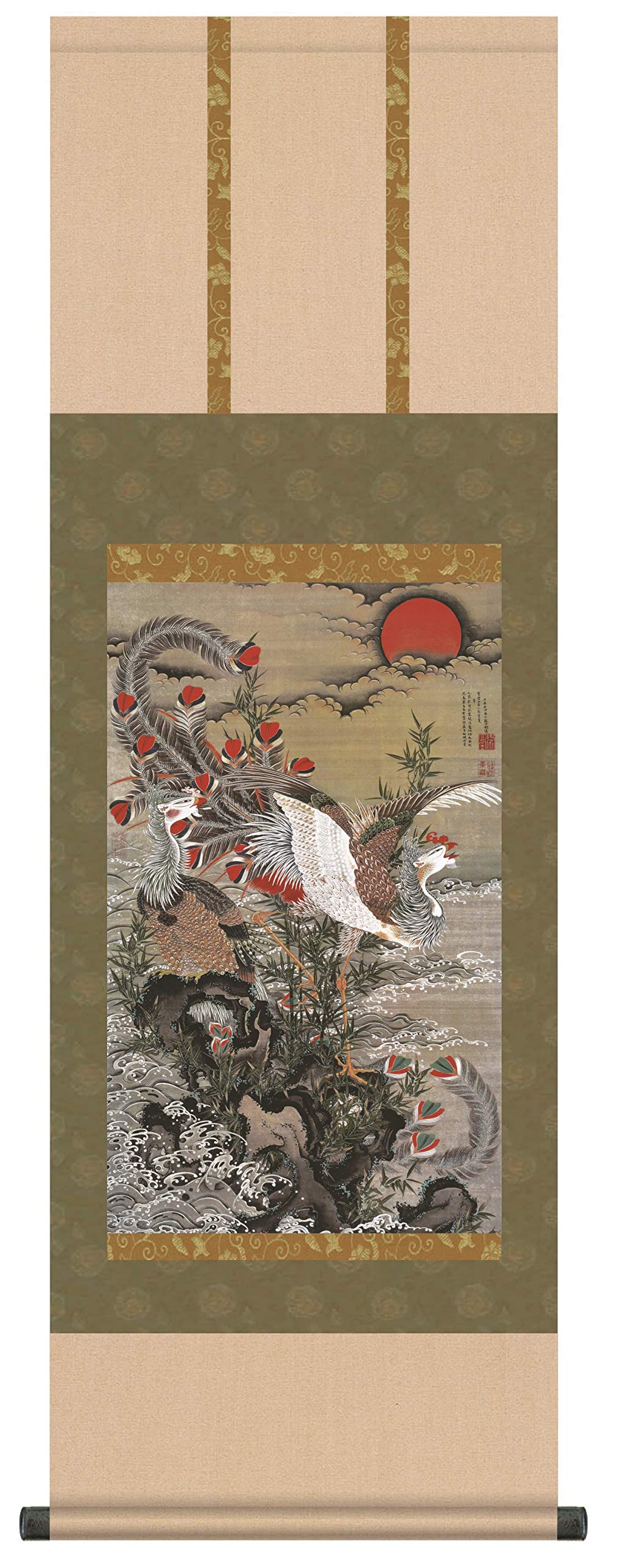 干支掛軸】【動植綵絵掛軸】干支の掛軸・鳳凰・鶴・鶏□伊藤若冲 尺三