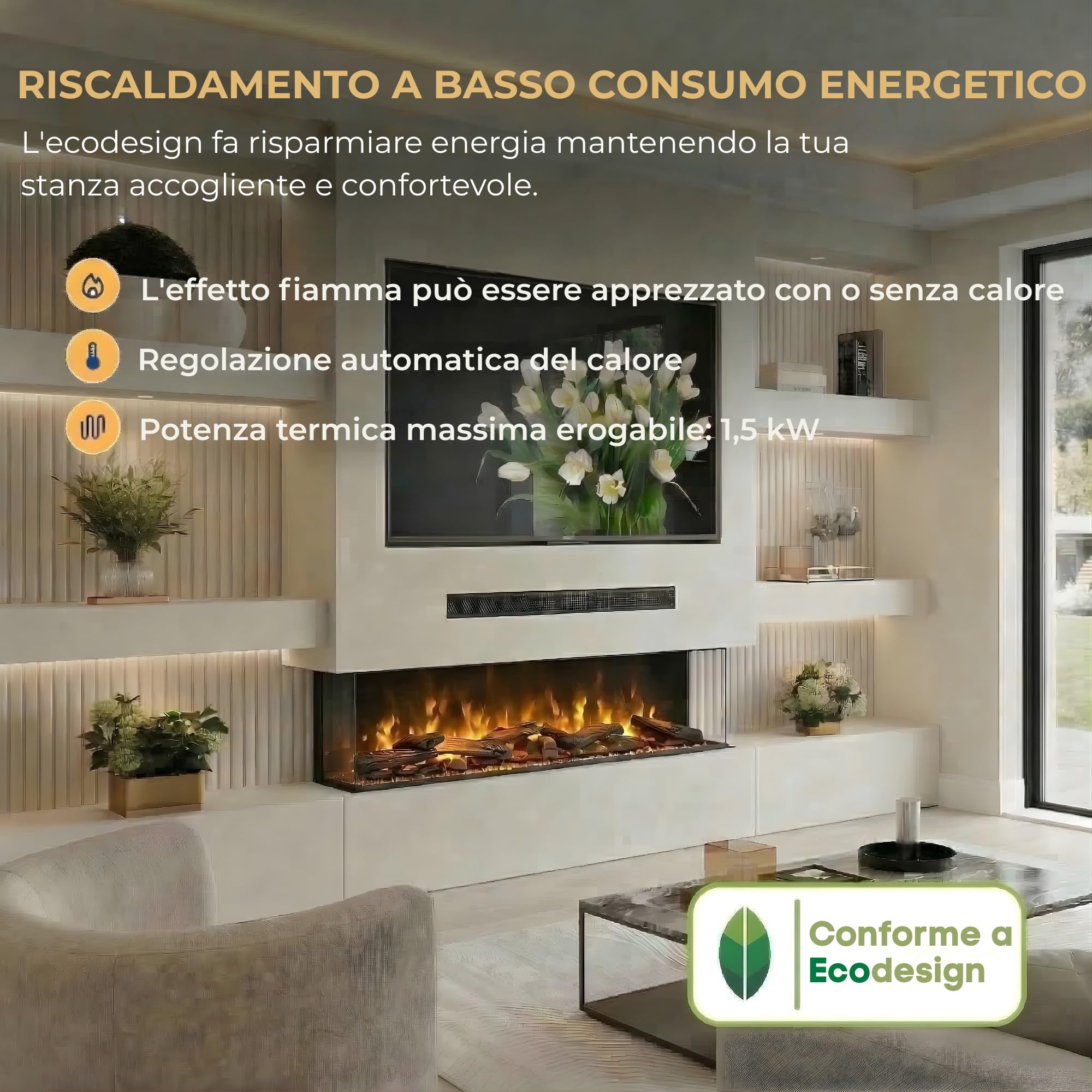 Endeavour Fires Deluxe Rosedale Camino Elettrico 3 Lati per Parete Multimediale, App Wi-Fi Smart e Telecomando, Crepitio del Fuoco, Specchio Nero Riflettente, Set di Ceppi LED, Potenza 1.5 kW (60'')