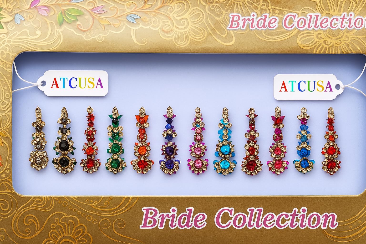 Multicolored Crystal Bindi Bridal Face Jewels Forehead Tika Indian Bindis for Women - Multicolor Round Long Small Gold (Long Bindis - 12 Bindi)