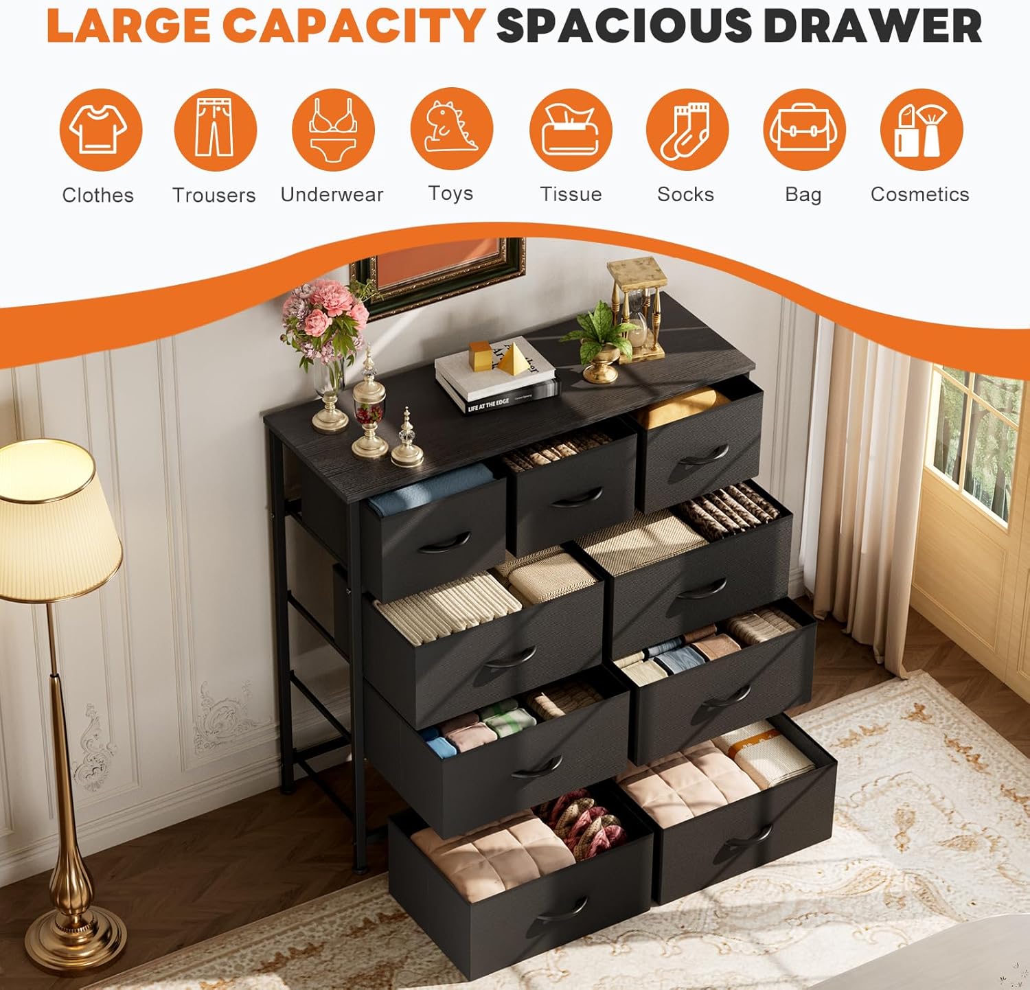 Sweetcrispy 9-Drawer Fabric Dresser Storage Tower with Wood Top and Steel Frame, Organizer Chest with Easy Pull Handles for Bedroom, Closet, Hallway,Classic Black