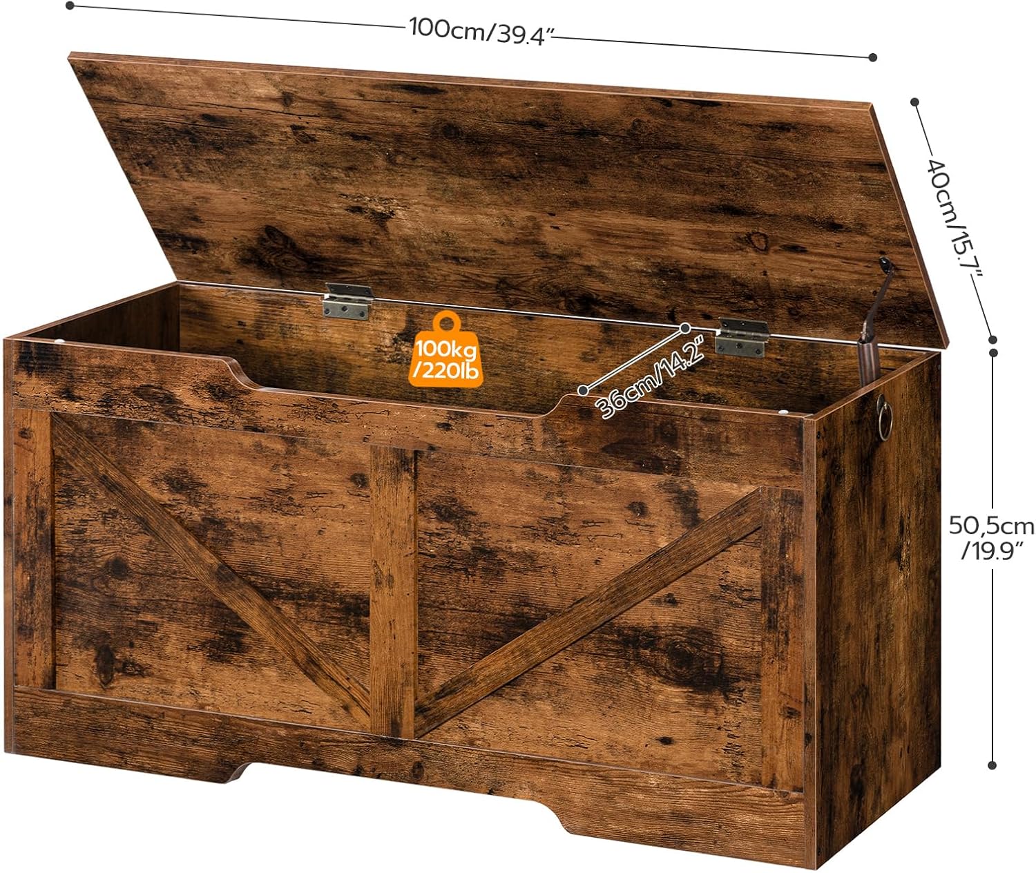 Rustic Brown Wooden Toy Storage Chest with Safety Hinges