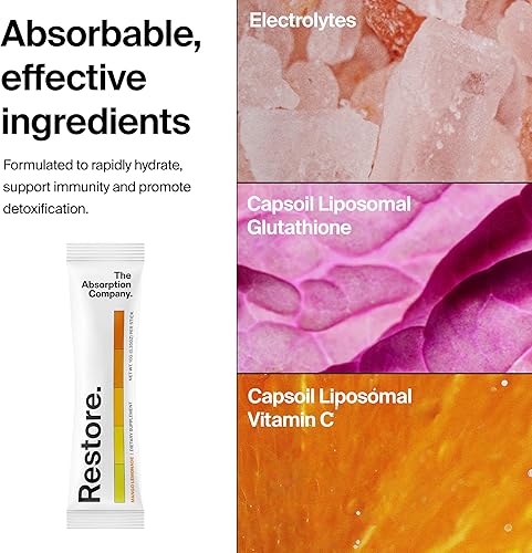 Miniatura 4 de The Absorption Company Paquetes de electrolitos en polvo, mezcla de bebida de recuperación e hidratación para entrenamiento con glutatión liposomal,