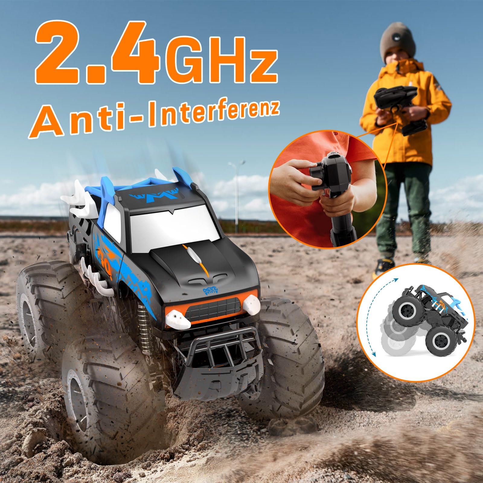 Gindoly Zdalnie sterowany samochód, 2,4 GHz, monster truck, 4WD 15+ km/h, hobby, offroad, samochód RC, wodoszczelny, samochód terenowy, z 2 bateriami, zabawka dla dzieci od 6, 7, 8, 9, 10, 11, 12 lat