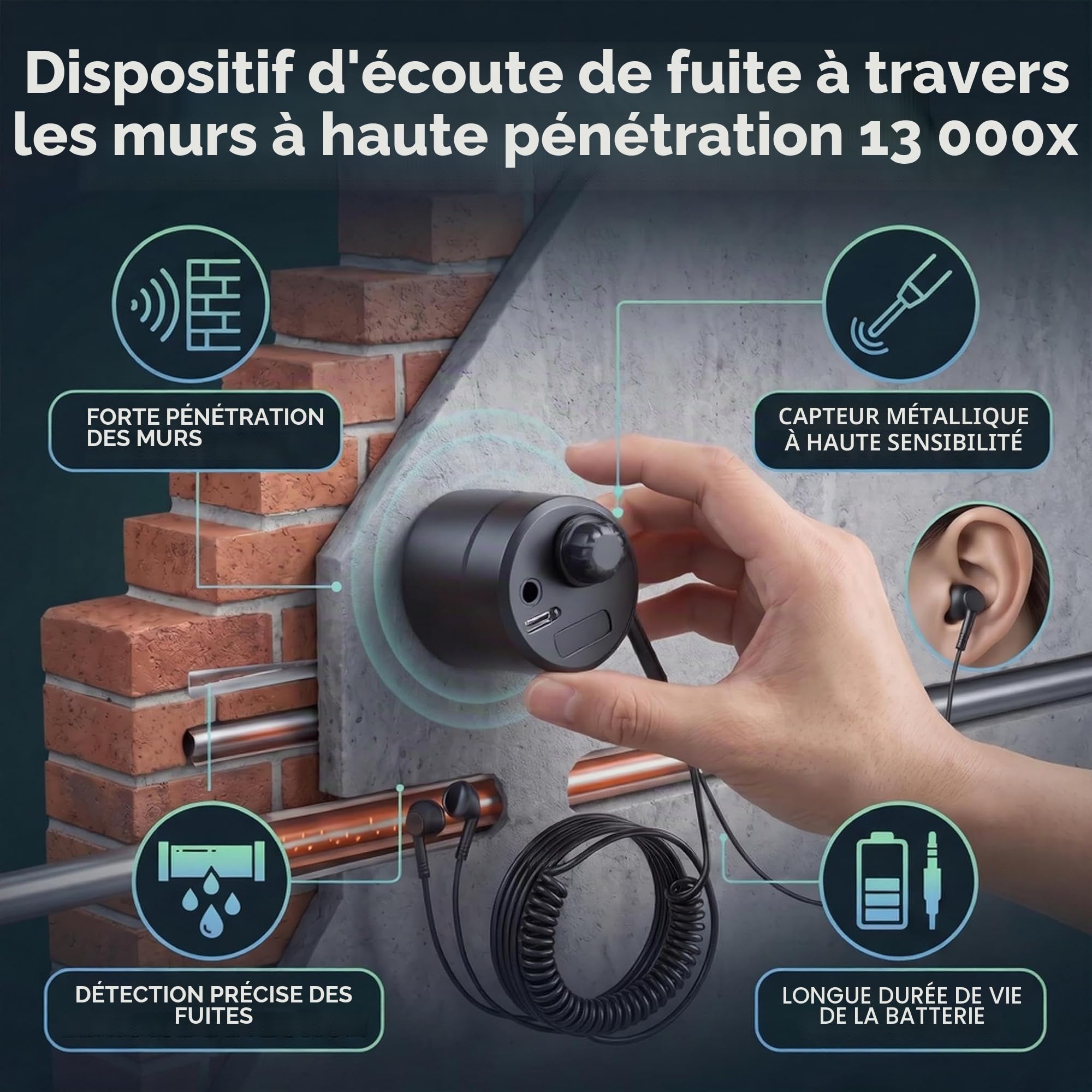Yosoo Health Gear Amplificateur de casque à travers le mur, 13 000 x, forte sensibilité de pénétration, fuite de tuyau, détecteur de voix, microphone mural, amplificateur amélioré pour tuyaux de