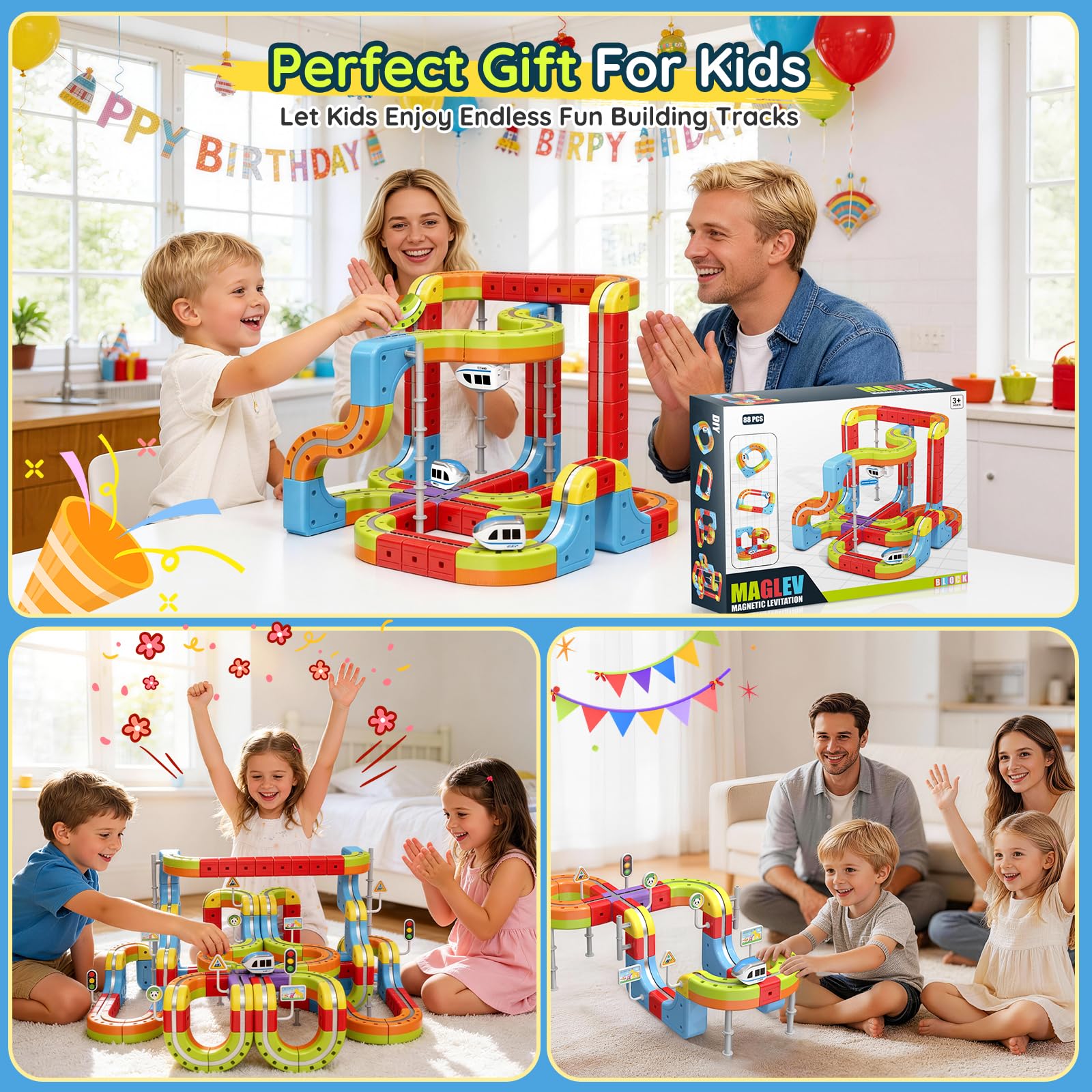 Elektrisches Eisenbahn Set, DIY Electric Train Set mit Schwerkraft Defying 3D-Layouts & Magisches Schienen WüRfel, Zugstrecken-Set Spielzeug Geschenk für Kinder ab 3–12 Jahren (88PCS)