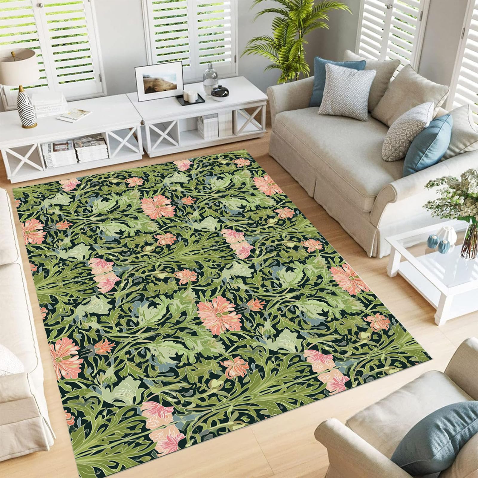 Tapis plantes symétriques vintage vert forêt 180x270cm lavable