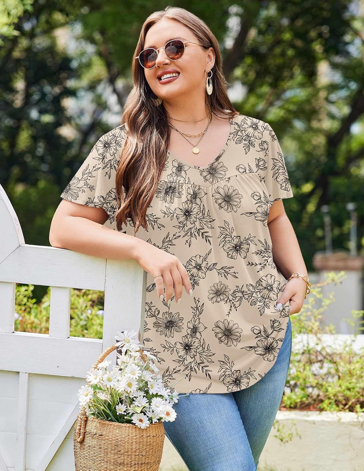 IN'VOLAND Plus Size Womens Ruffle Sleeve Tunic Tops V Neck Summer Shirts Floral Print Tops Dressy Blouse - Image 5