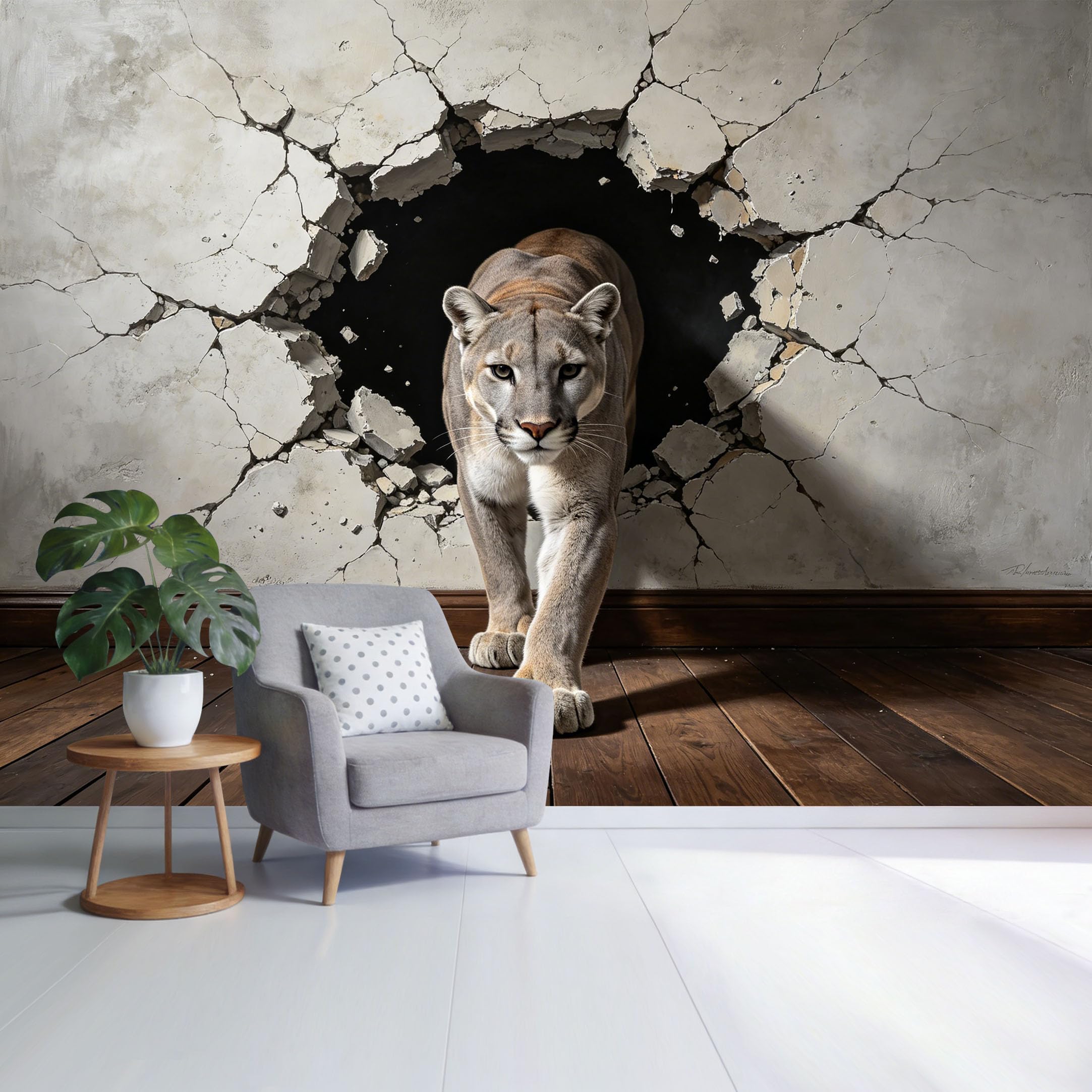 Custom Size Wall Mural 3D Trompe L'Oeil Wild Cougar Breaking Through Cracked Concrete Wall Removable Self Adhesive Fabric，Home Wall Decor for Living Room Bedroom Bathroom