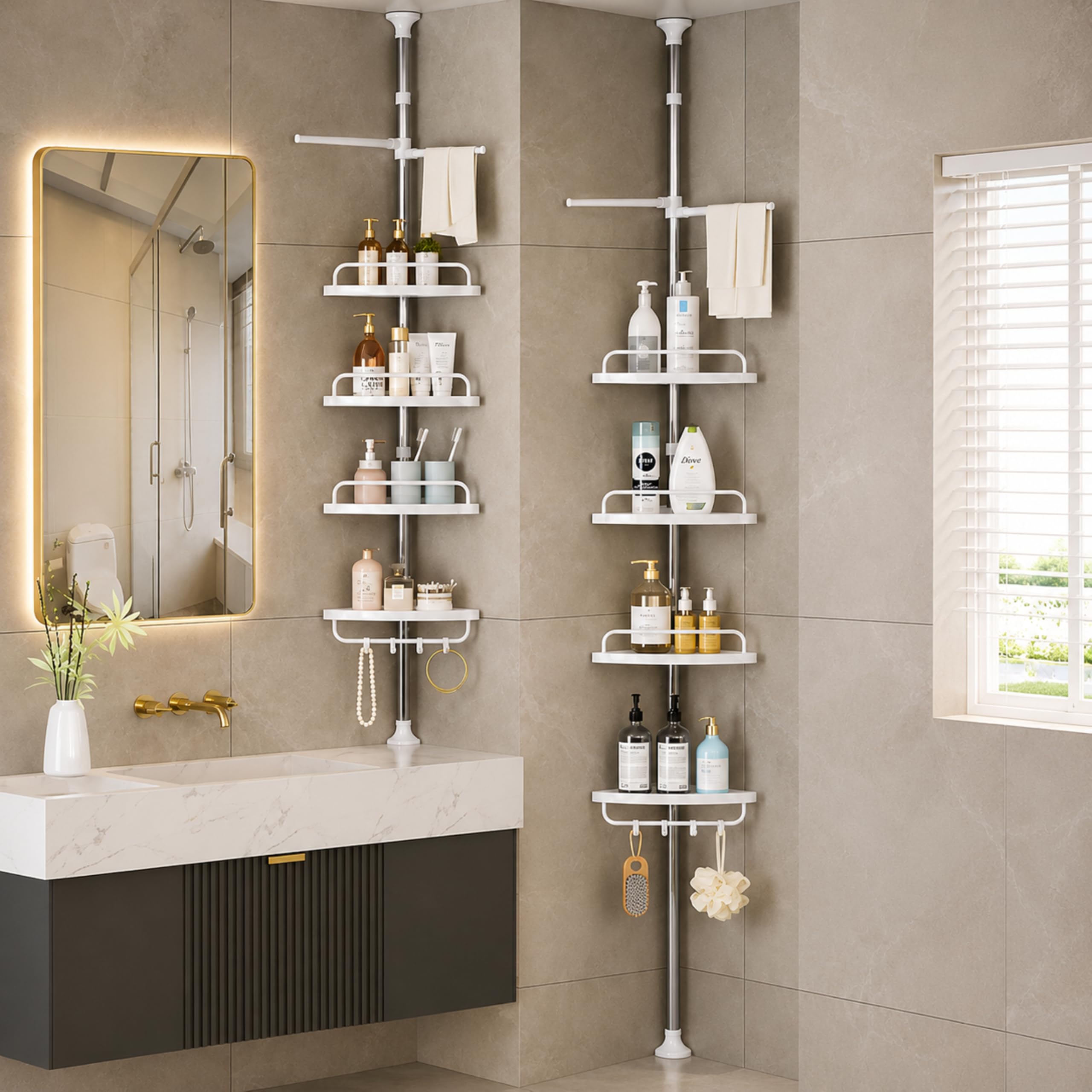 Homero Adjustable Shower Corner Shelf, 4 Tier Bathroom Rack with Hooks & Towel Bar, No Drill Stainless Steel Pole, 96-270 cm, White Corner Shelf-image-17