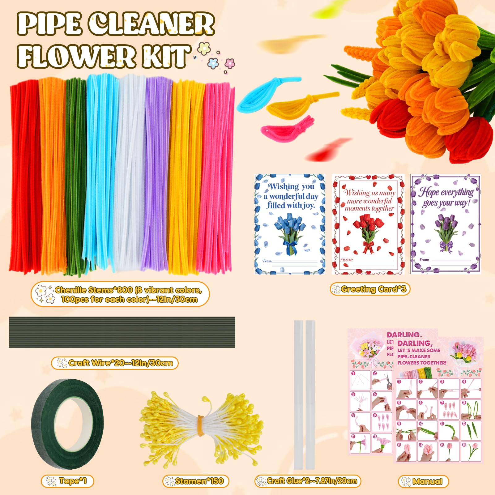 800PCS Pipe Cleaners Flower Kit, Pipe Cleaner Bulk Craft Flower Making Kit with Instruction, 8 Colors Thick Chenille Stems for Arts DIY Craft Supplies with Greeting Card, Floral Wires, Tape, Stamen - 3