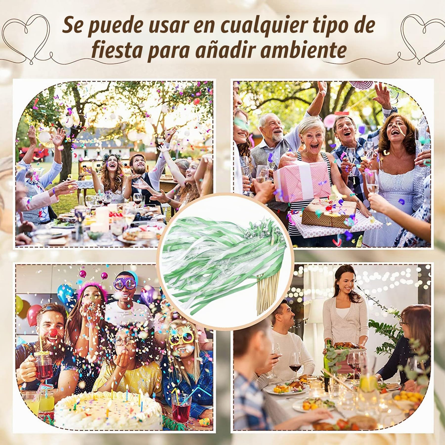 50 Piezas Varitas De Boda,Varitas de Cinta con Campanas,Serpentinas de Cintas de Boda,Serpentinas para Bodas, Magica Cinta Wedding Wands para Cumpleaños, Navidad, Fiestas
