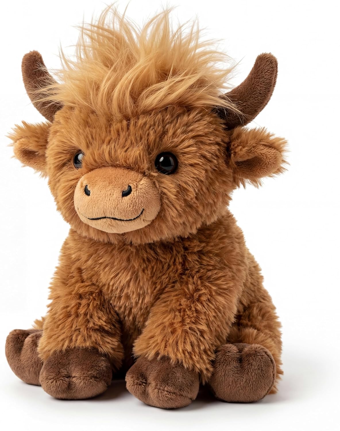 Highland Cow Stuffed Animal - 8 Inch Fluffy Plush with Styleable Hair, Soft Cow Toy for Toddler & Baby, Cute Sitting Scottish Cattle Gift for Kids & Desk Decor
