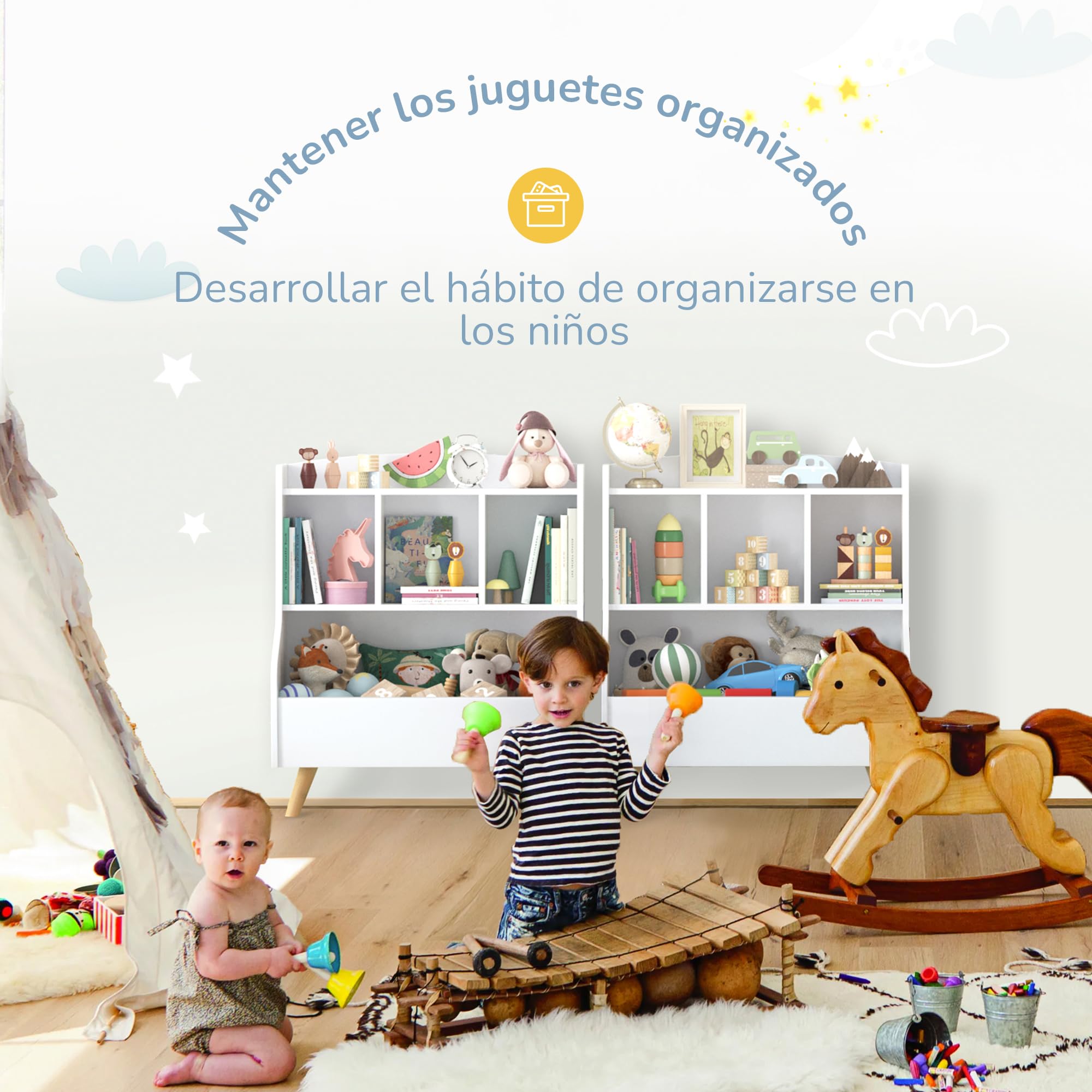LUE BONA Estanteria Montessori con 3 Abiertos Compartimentos,Librería Infantil,Caja de Juguetes Móvil Multifuncional para Habitación de los Niños y Sala de Juegos,36 × 61 × 71 cm,Blanco