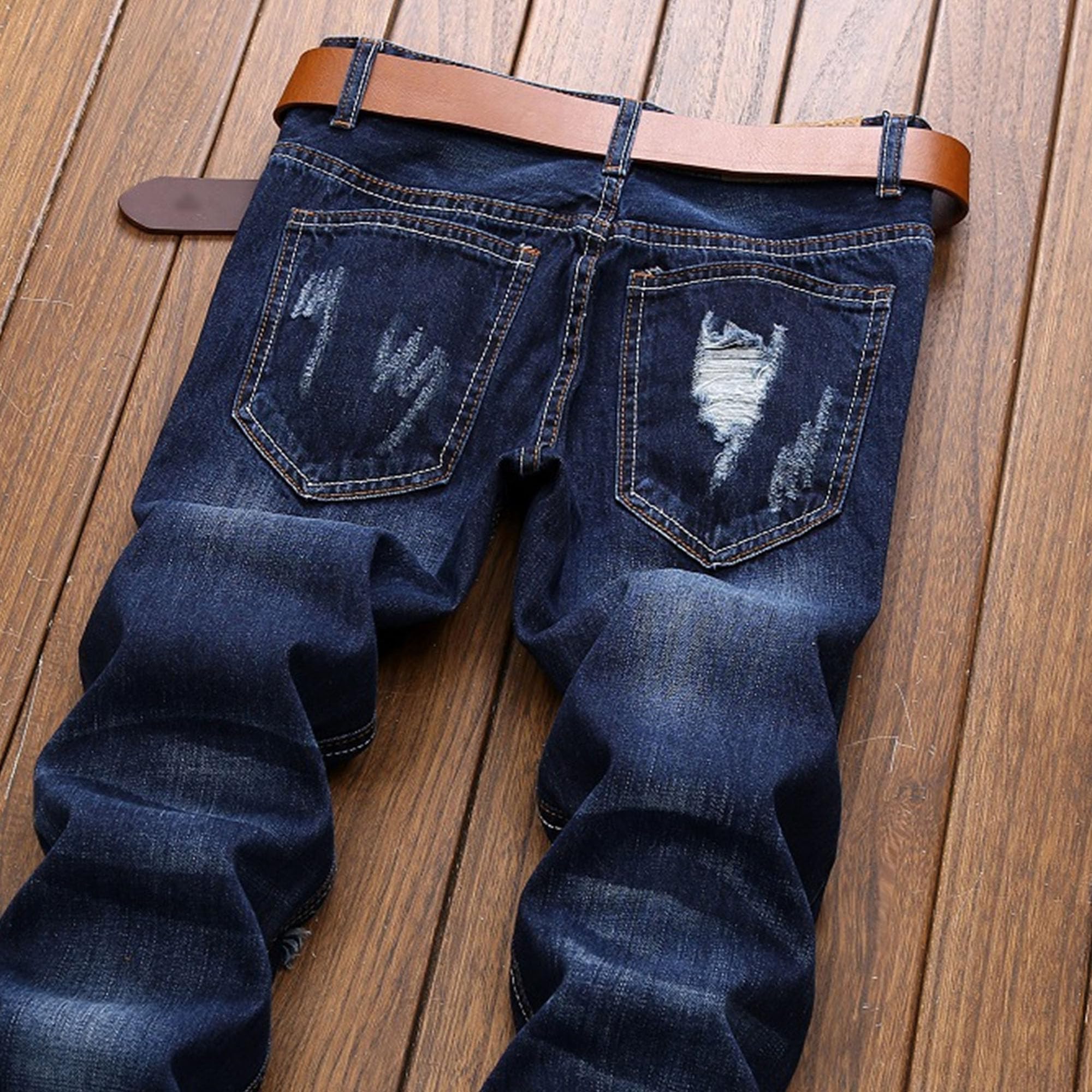 Pantalones de mezclilla de diseño de pierna recta para hombre, estilo casual, desgastado, con bolsillo, ropa de calle, pantalones elásticos elegantes para hombre