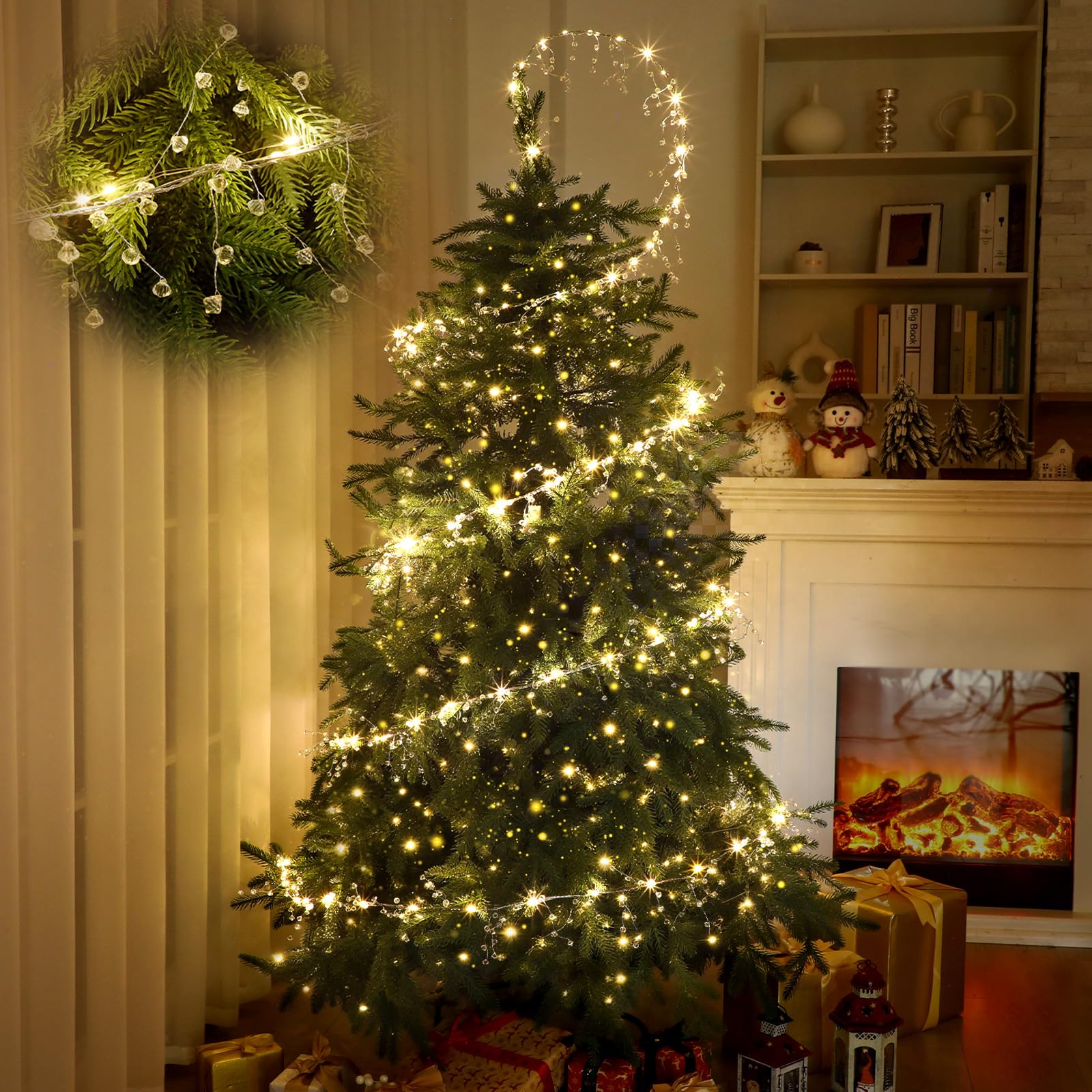 Glooglitter Décoration de sapin de Noël, guirlande lumineuse en cristal de 29,9 m, 300 LED en fil de cuivre avec ornements en forme de goutte, décoration scintillante pour Noël d'hiver et d'intérieur