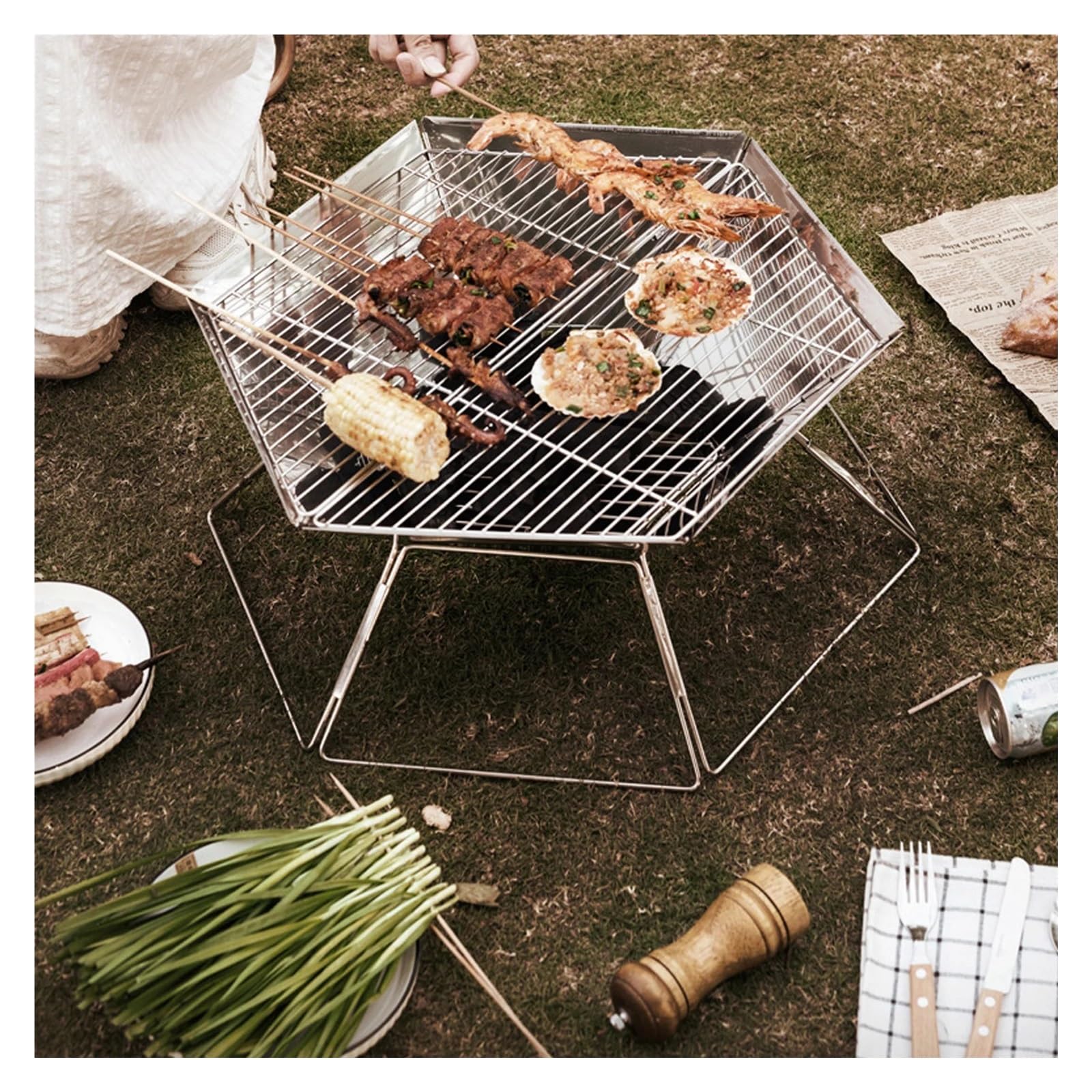 Griglia esagonale in acciaio inox, griglia multiuso per barbecue all'aperto, resistente al calore, perfetta per grigliare carne e verdure