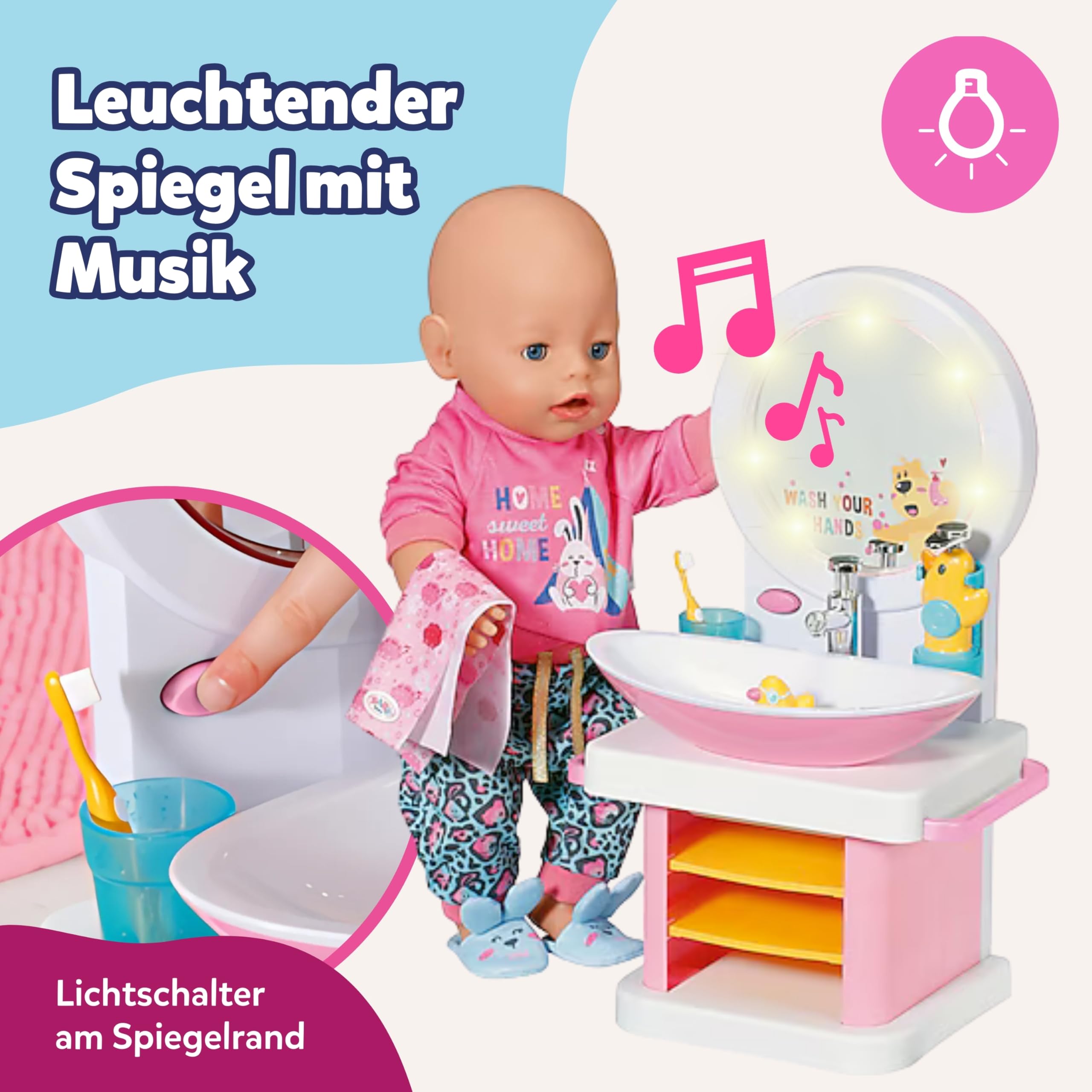 BABY Born Waschtisch - Interaktiver Puppenwaschtisch mit Licht- & Soundfunktion - Hochwertiges Puppenzubehör - Inkl. Zahnbürste, Zahnputzbecher, Seifenspender & Handtuch