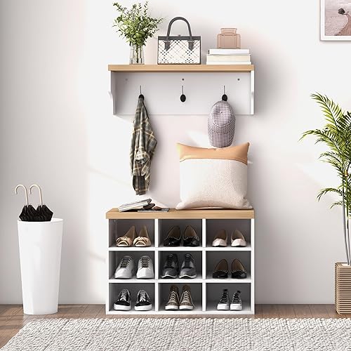 Miniatura 6 de HOMCOM Juego de banco de zapatos 2 en 1, 9 pares de estantes de almacenamiento de zapatos con árbol de pasillo, entrada moderna, pasillo, vestíbulo,