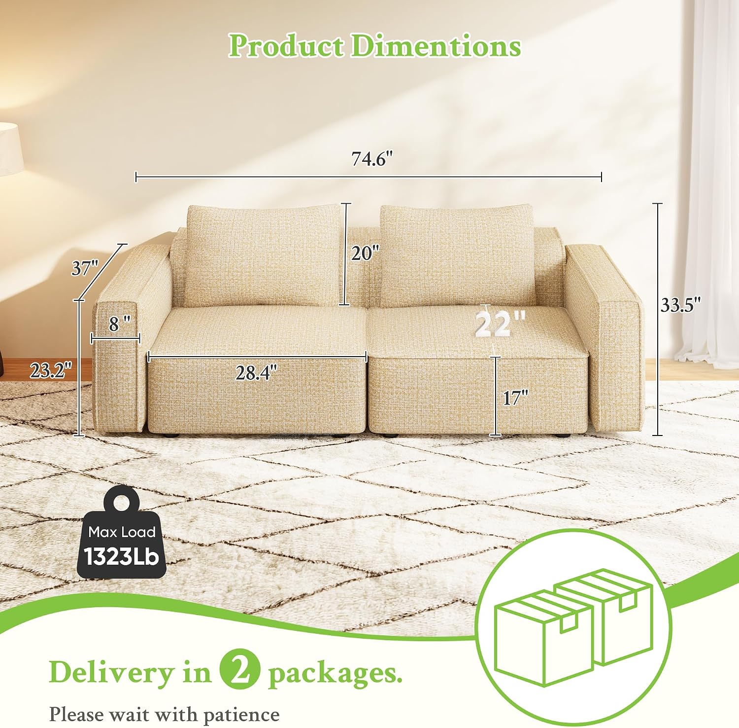  75" Loveseat, Chenille Love Seat Sofa, Small Couch for Small Space | Minimalist Comfy Love Seat, Small Couches for Small Spaces, 2 Seater Modern Loveseat, 22" Deep Seat for Apartment, Camel Sofa thumbnail