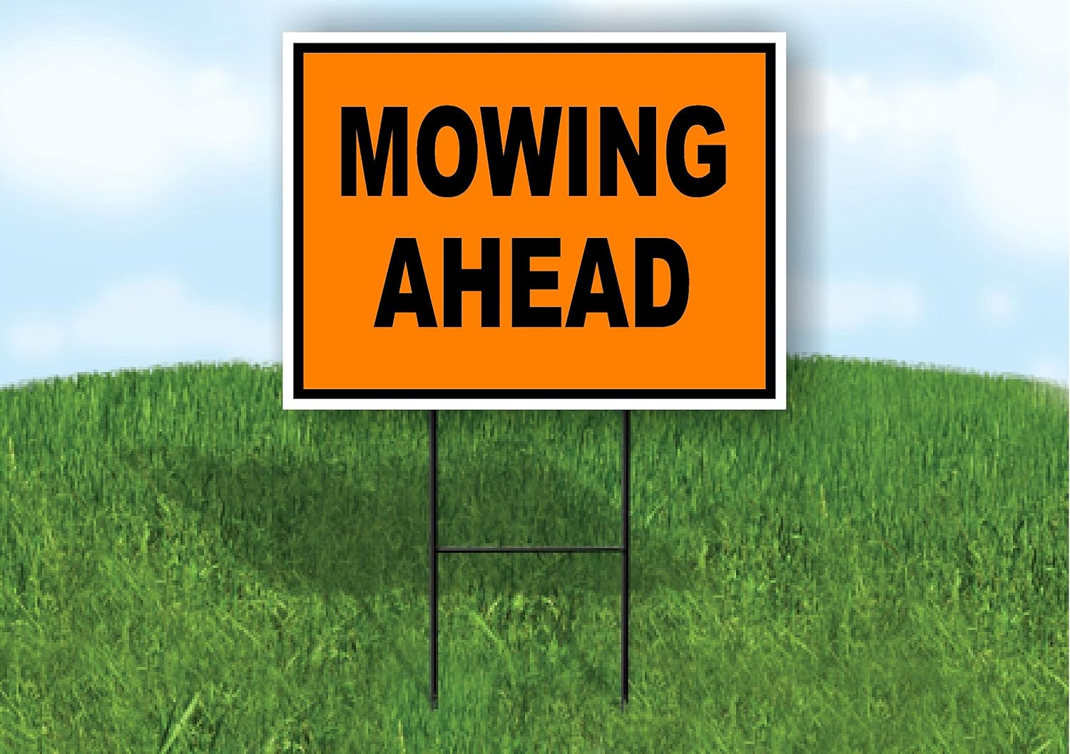 MOWING Ahead Construction ORANGE BLACK - Double Sided Yard Sign ROAD SIGN with Stand