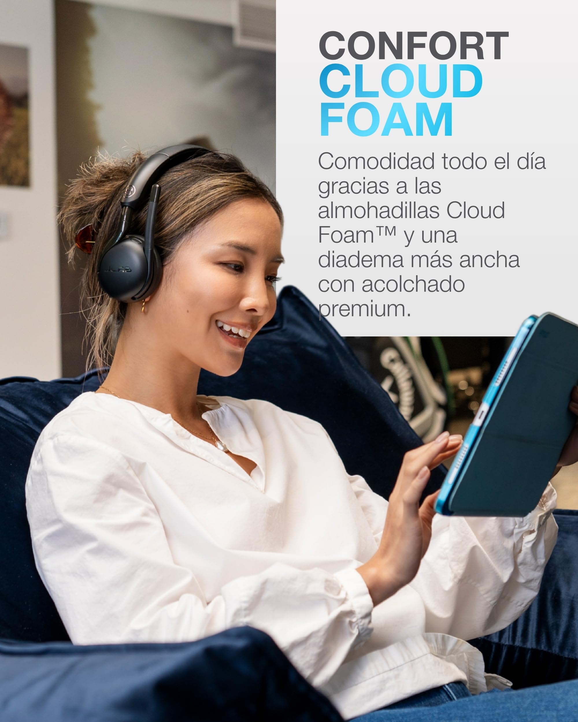 JLab Go Work 3 Auriculares Inalámbricos con MicróFono - Cascos Inalámbricos PC Bluetooth con 70+ Horas de Batería, Cancelación de Ruido ENC, Conexión Multipoint y Dongle USB-C