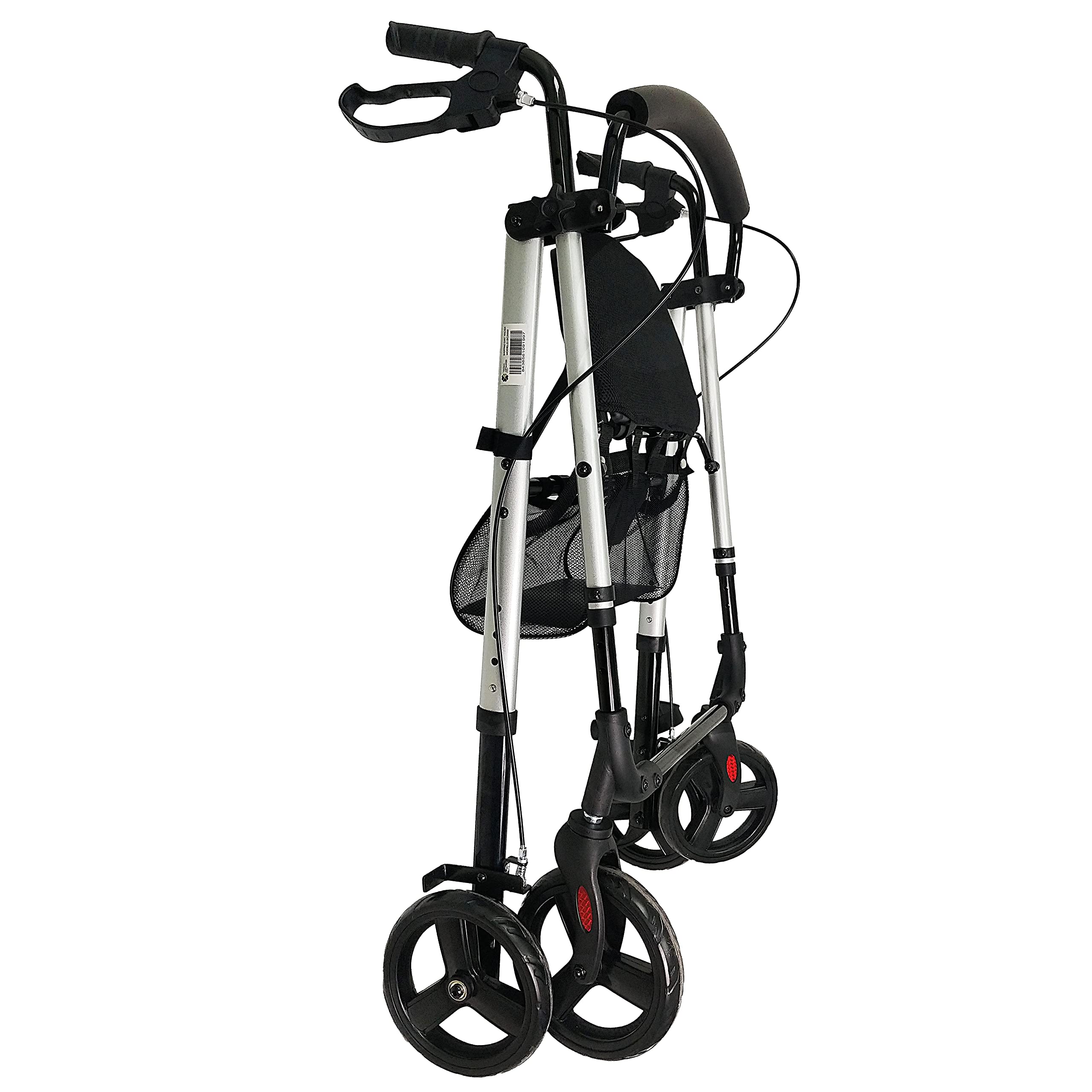Deambulatore per anziani, disabili, deambulatore per anziani, in alluminio, leggero, cestino, freni sui manici, pieghevole, con sedile e 4 ruote.