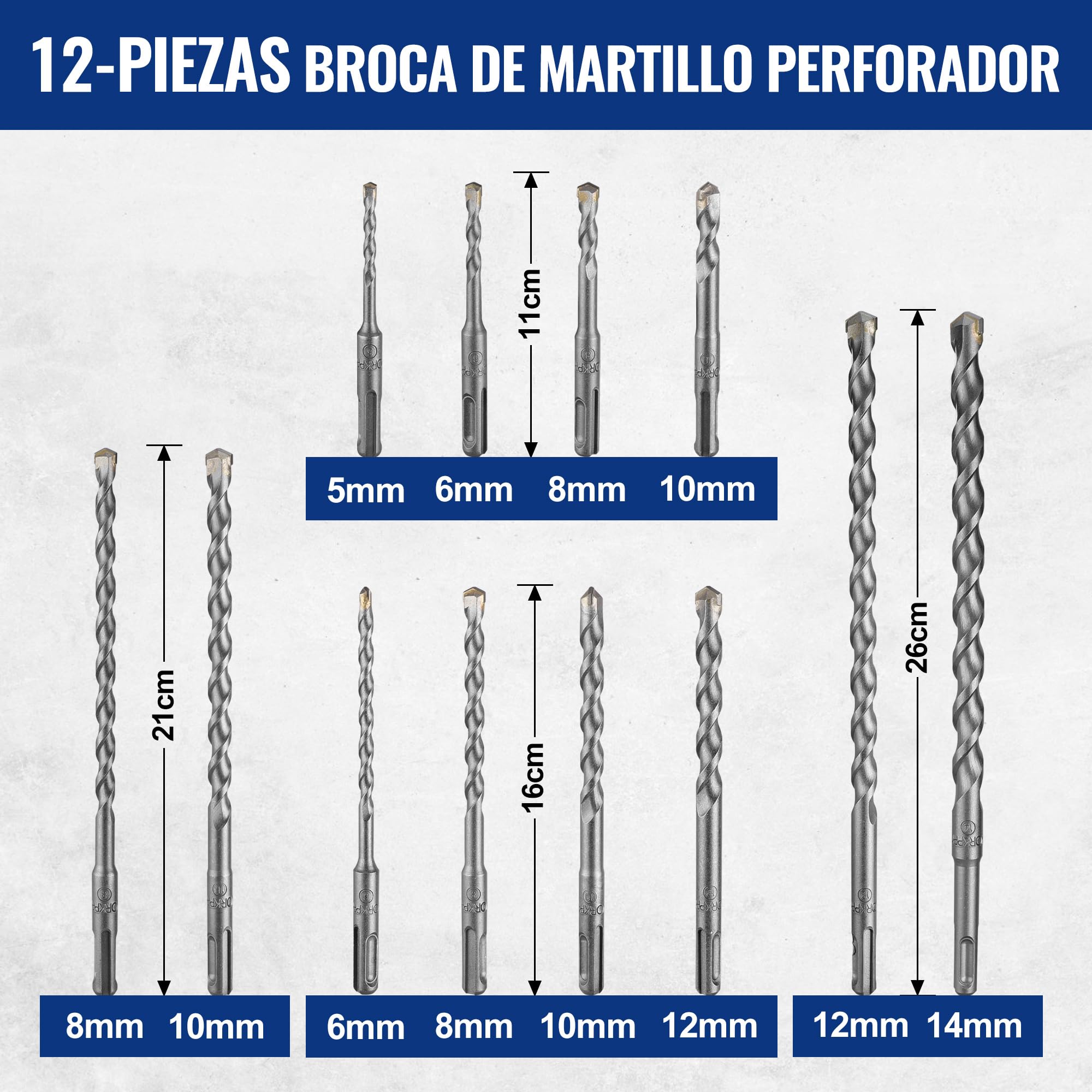 WORKPRO Juego de Brocas y Cinceles SDS Plus de 17 Piezas, Accesorios para Taladros de Martillo, con Estuche de Almacenamiento, para Concreto, Azulejos, Ladrillos, Cemento, Piedra y Mampostería