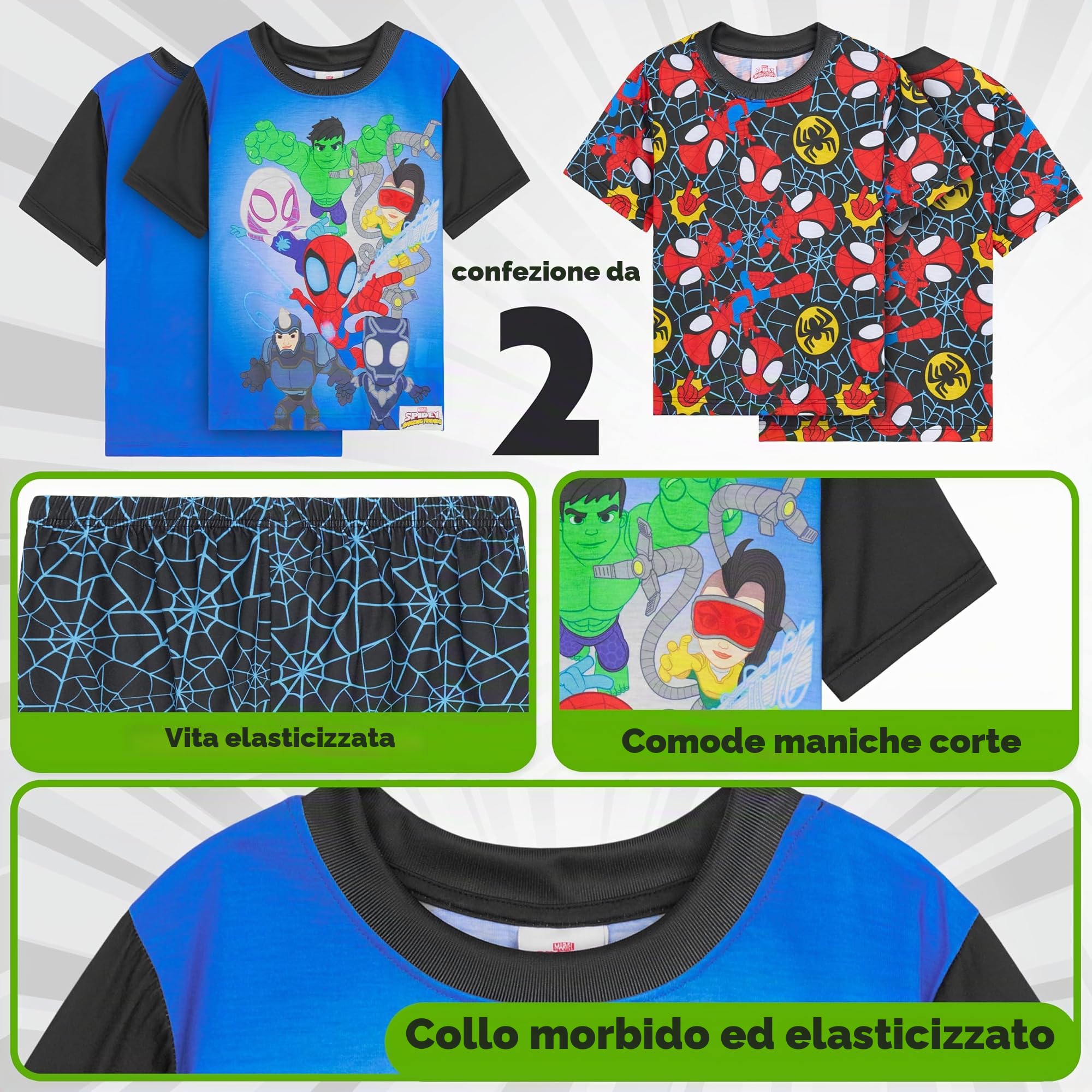 Marvel Avengers | Spidey Pigiama Ragazzo, 2 Set Manica Corta Pigiami Bambini, Abbigliamento da Casa Estivo, Regalo Bambino