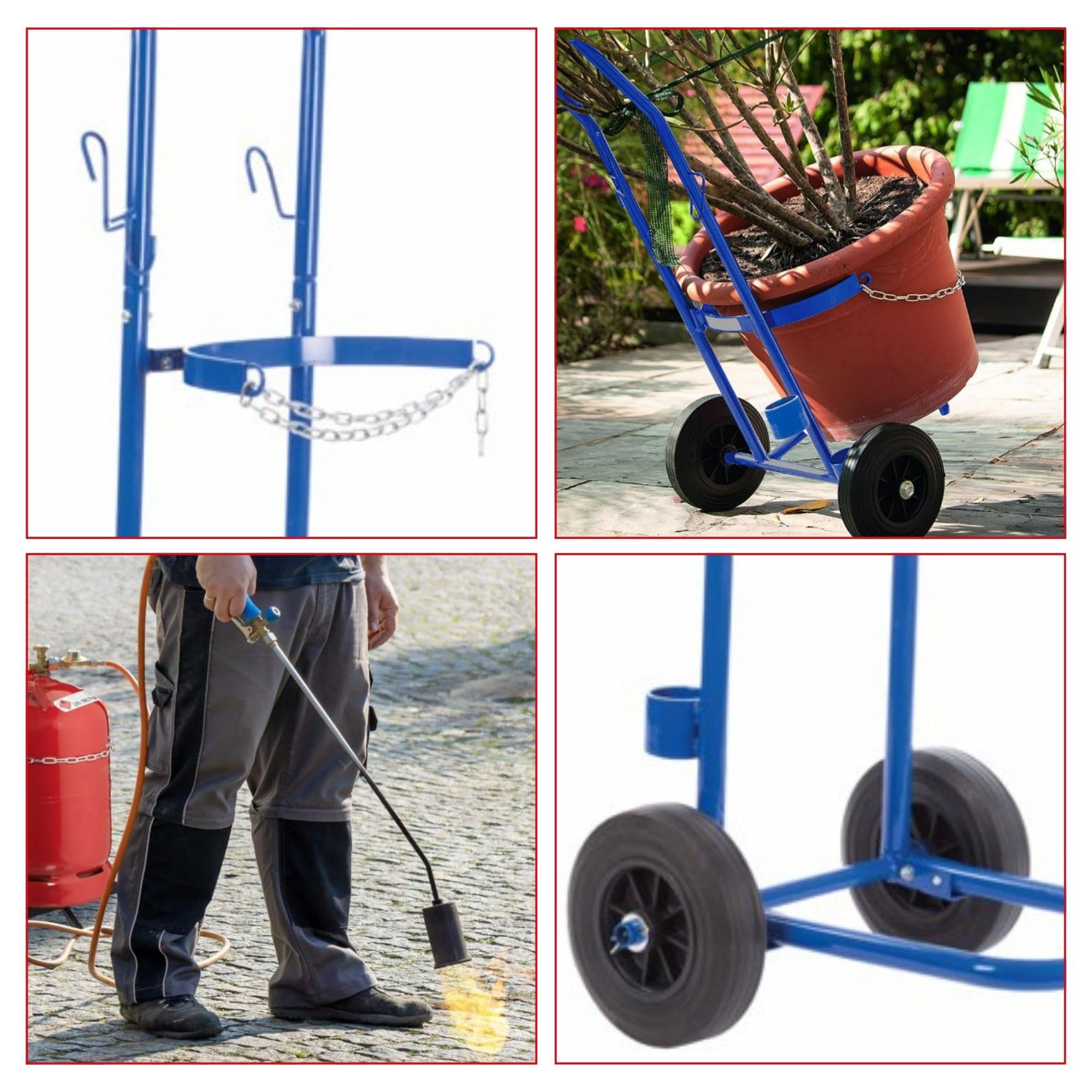 Toolland Chariot pour Bouteille de gaz Bleu 100 kg chaîne de sécurité réglable Cadre en Acier Inoxydable Grandes Roues 20 cm adapté aux Bouteilles de Propane Butane fûts de bière intérieur extérieur