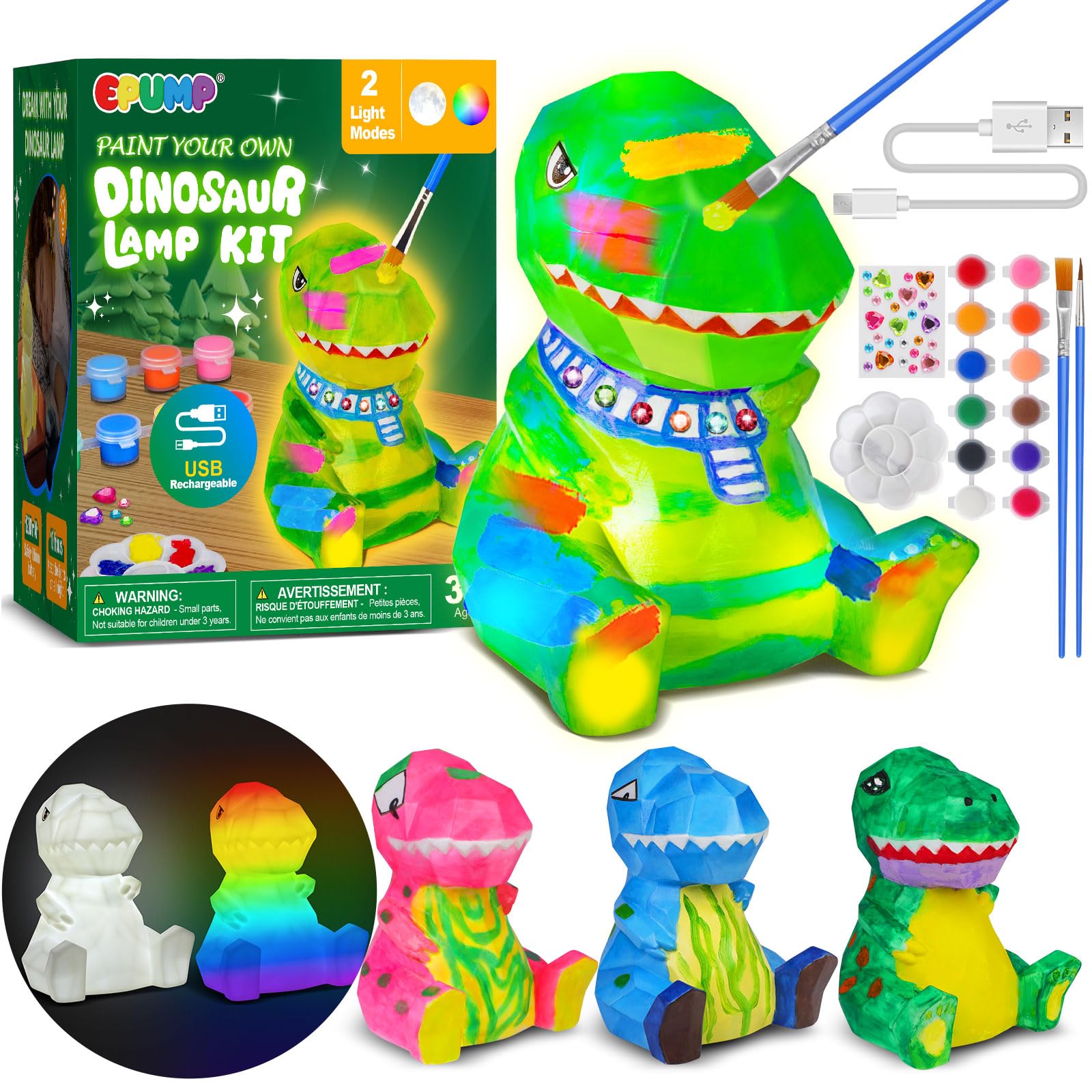 EPUMP Malen Sie Lhre Eigene Dinosaurier Lampe mit 2 Lichtmodi – Bastelset Wiederaufladbarer 1200 mAh Nachtlicht – Geburtstag Ostern Malspielzeug-Geschenke für Kinder Jungen Mädchen 5 6 7 8 9 10 11 12+