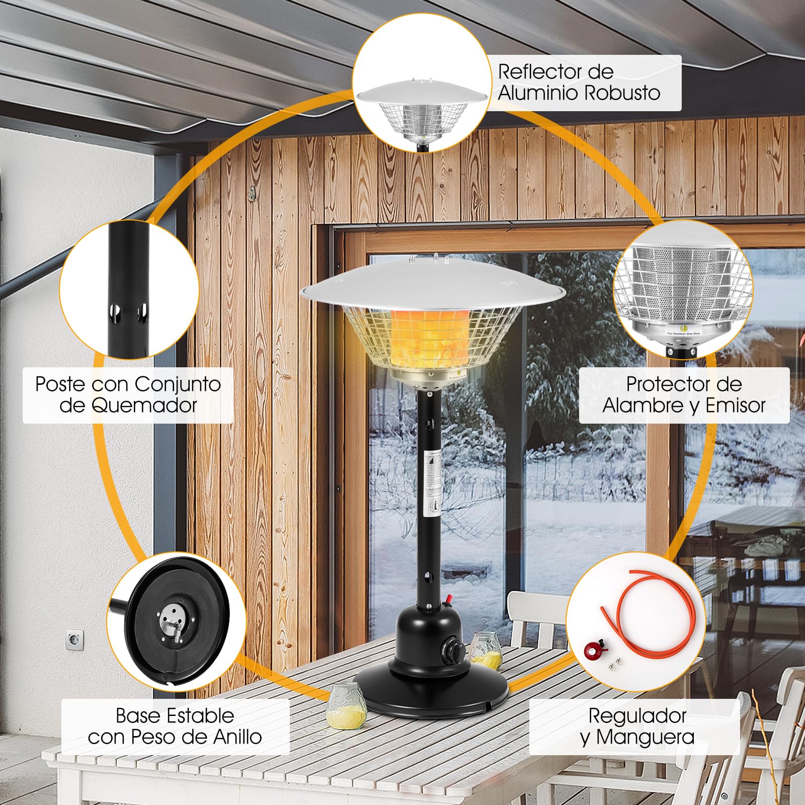 COSTWAY Estufa Butano Exterior 4000w, Calentador Portátil de Mesa para Patio,Regulador de Presión de Gas y Tubería de gas,Estufa de Gas Butano y Propano (Negro)