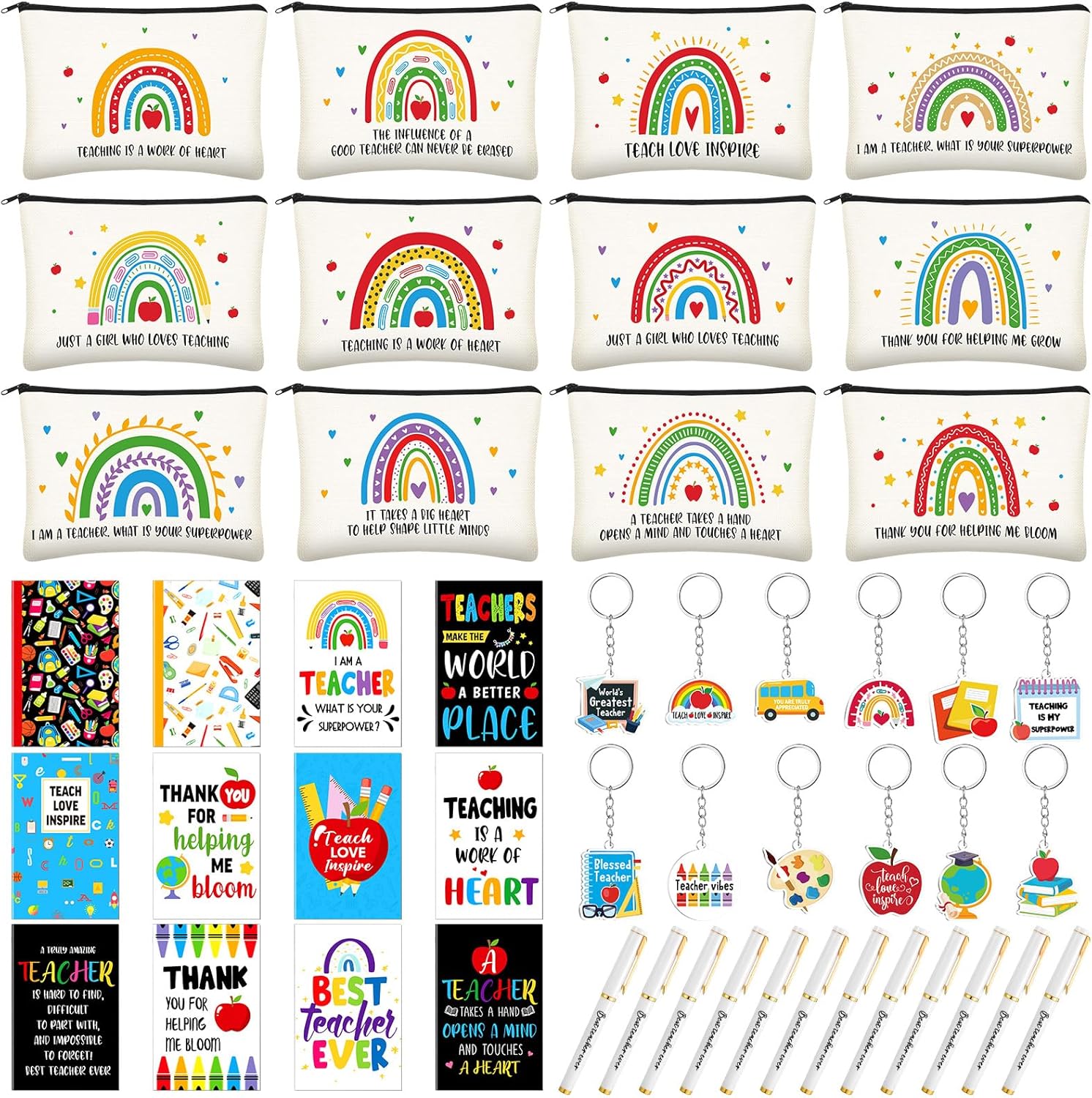 Yeaqee 48 Pcs Teacher Appreciation Gifts Set Include 12 Canvas Makeup Bag Cosmetic Pouch 12 Ballpoint Pens 12 Keychains 12 Journal Notebook for Women Teacher Week Gifts(Rainbow Style)