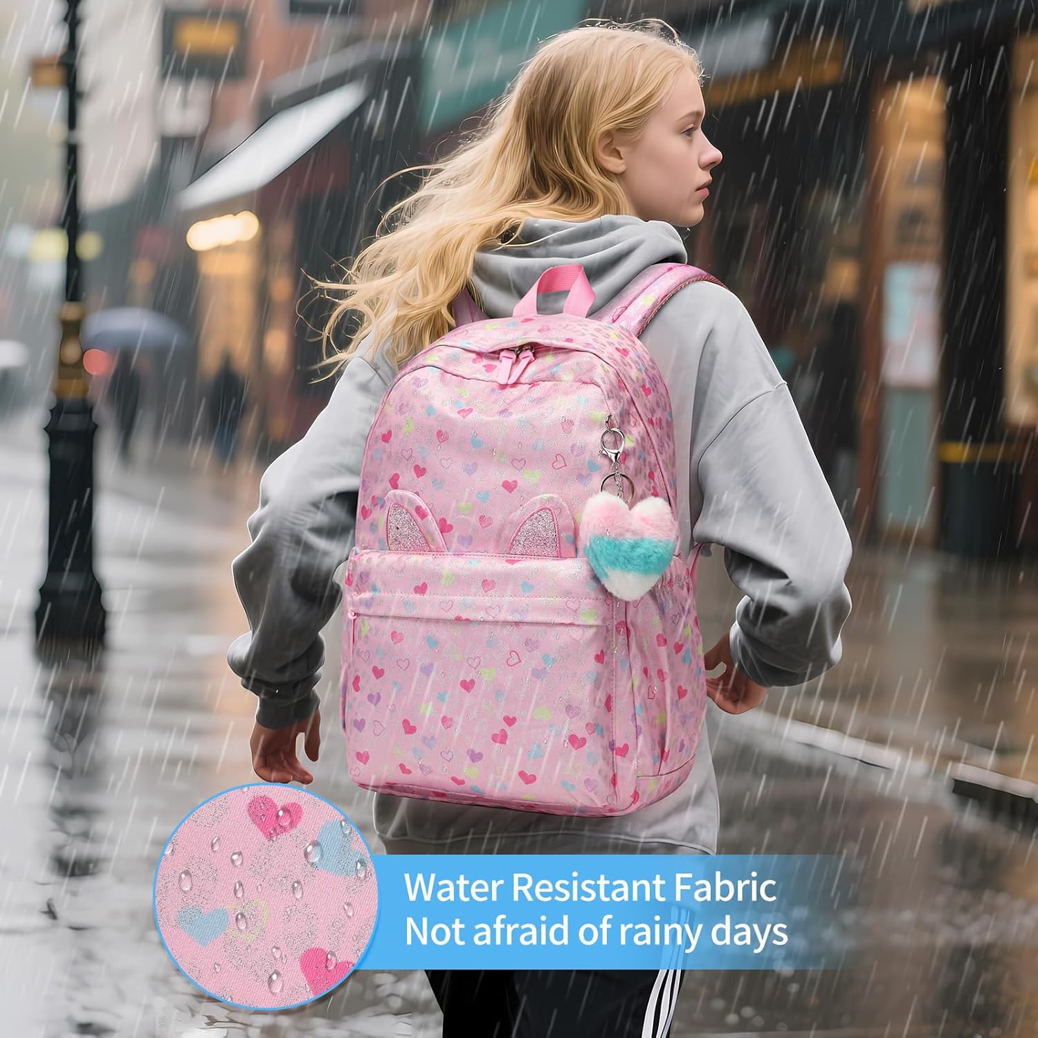 Kids Backpack Girls And Boys Pink Waterproof Large Space School Backpack Suitable for Age for Over 6 Years old Lightweight Travel Cat Ear Heart Keychain Toddler Backpack（Pink Heart） - Image 6