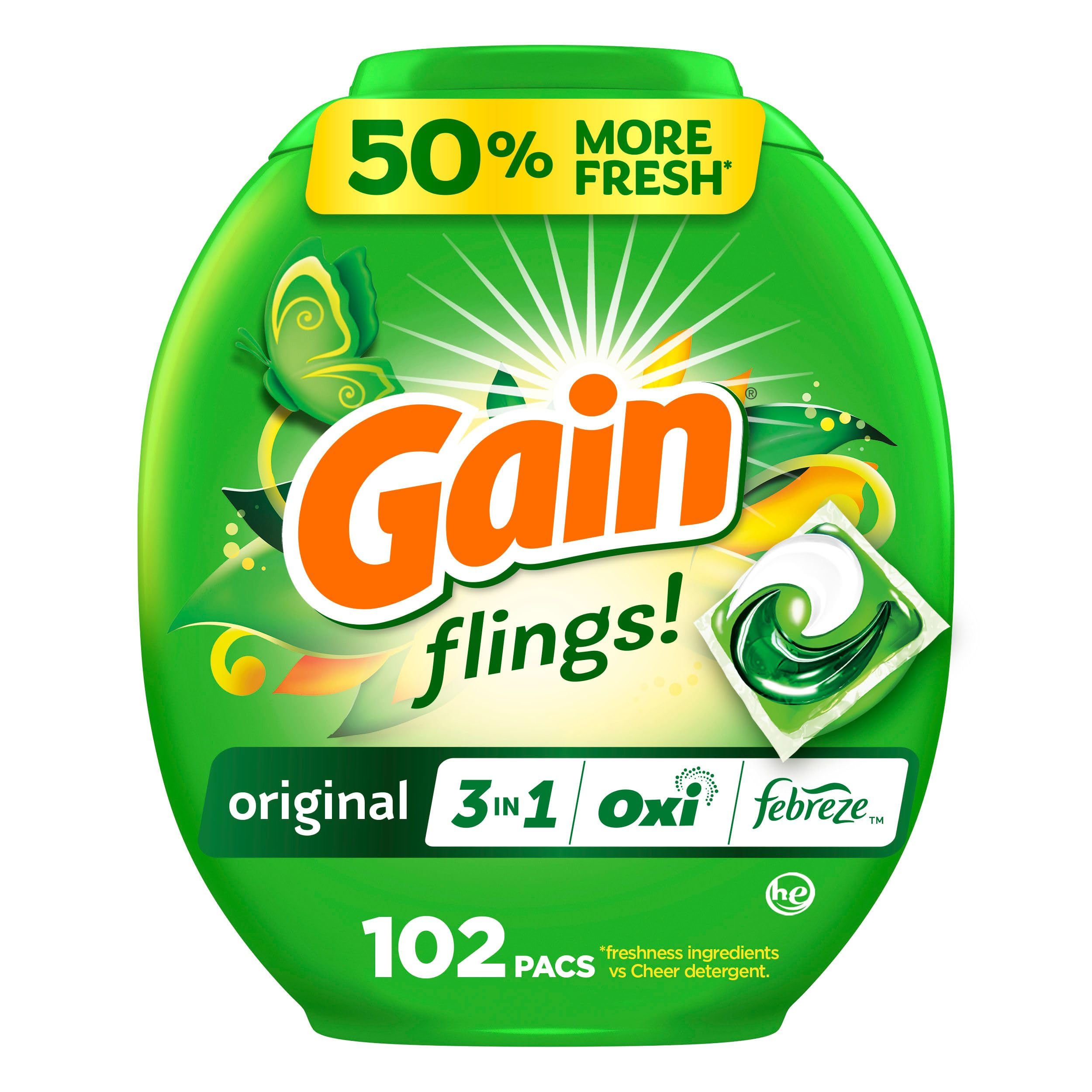 Gain Flings Laundry Detergent Pacs 102 Count Original Scent with Odor Defense concentrated laundry soap pacs
