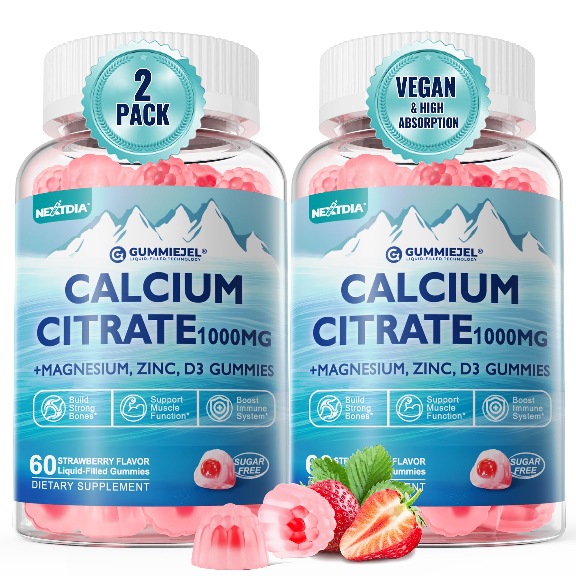 Calcium Citrate Gummies + Vitamin D3 1000IU for Women & Men, 120Cts 60 Count (Pack of 2)