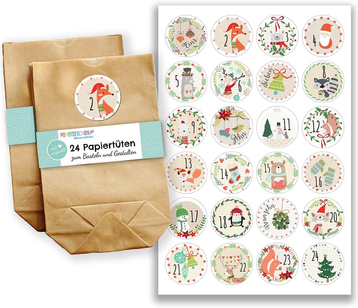 Papierdrachen Advent Calendar for Filling - with 24 Brown Paper Bags and 24 Colourful Printed Stickers - for DIY and Crafts - Mini Set No. 22 - Christmas Calendar for Children