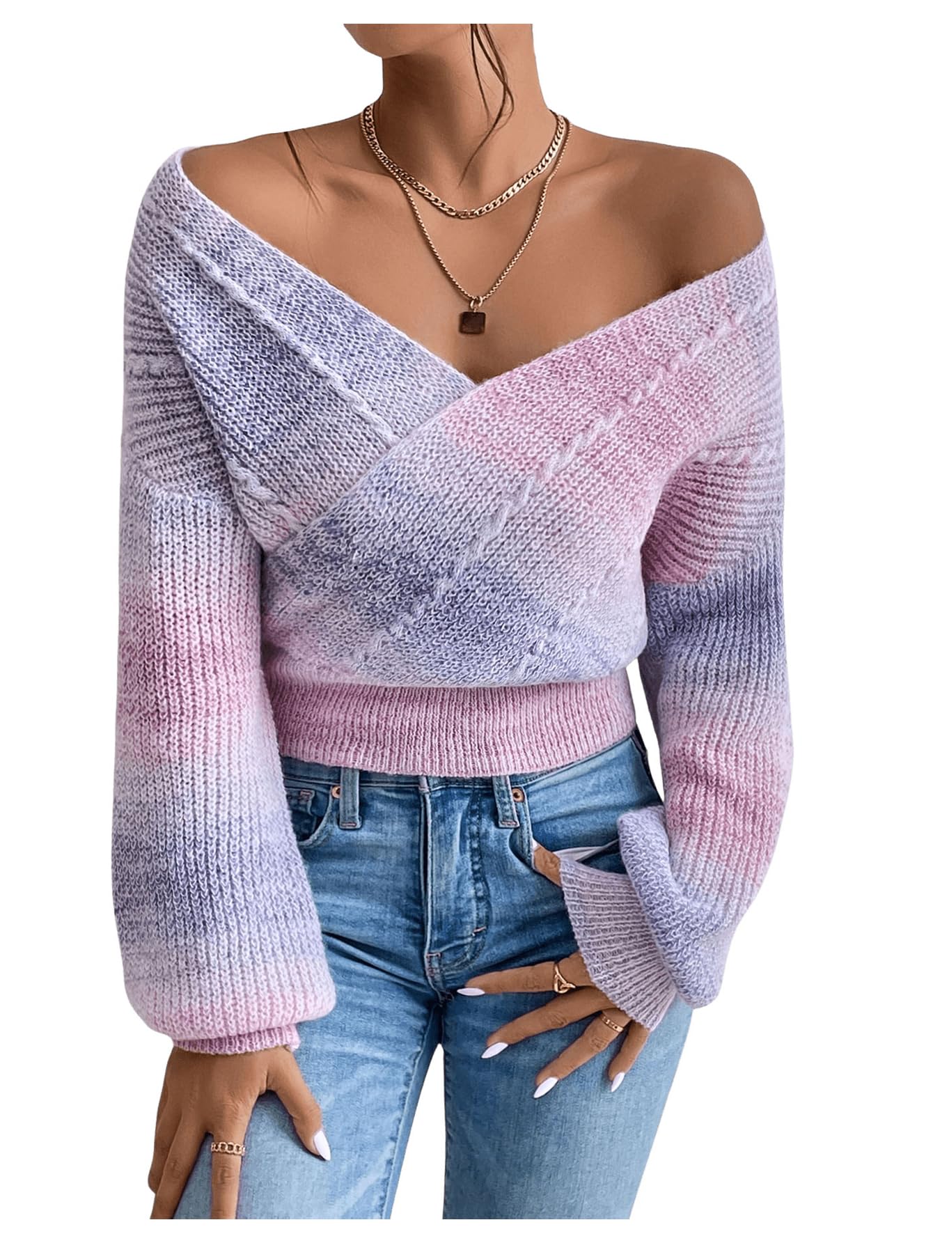 SOLY HUX Womens Tie Dye Sweater V Neck Wrap Long Sleeve Knit Pullover Fall Casual Jumper Tops